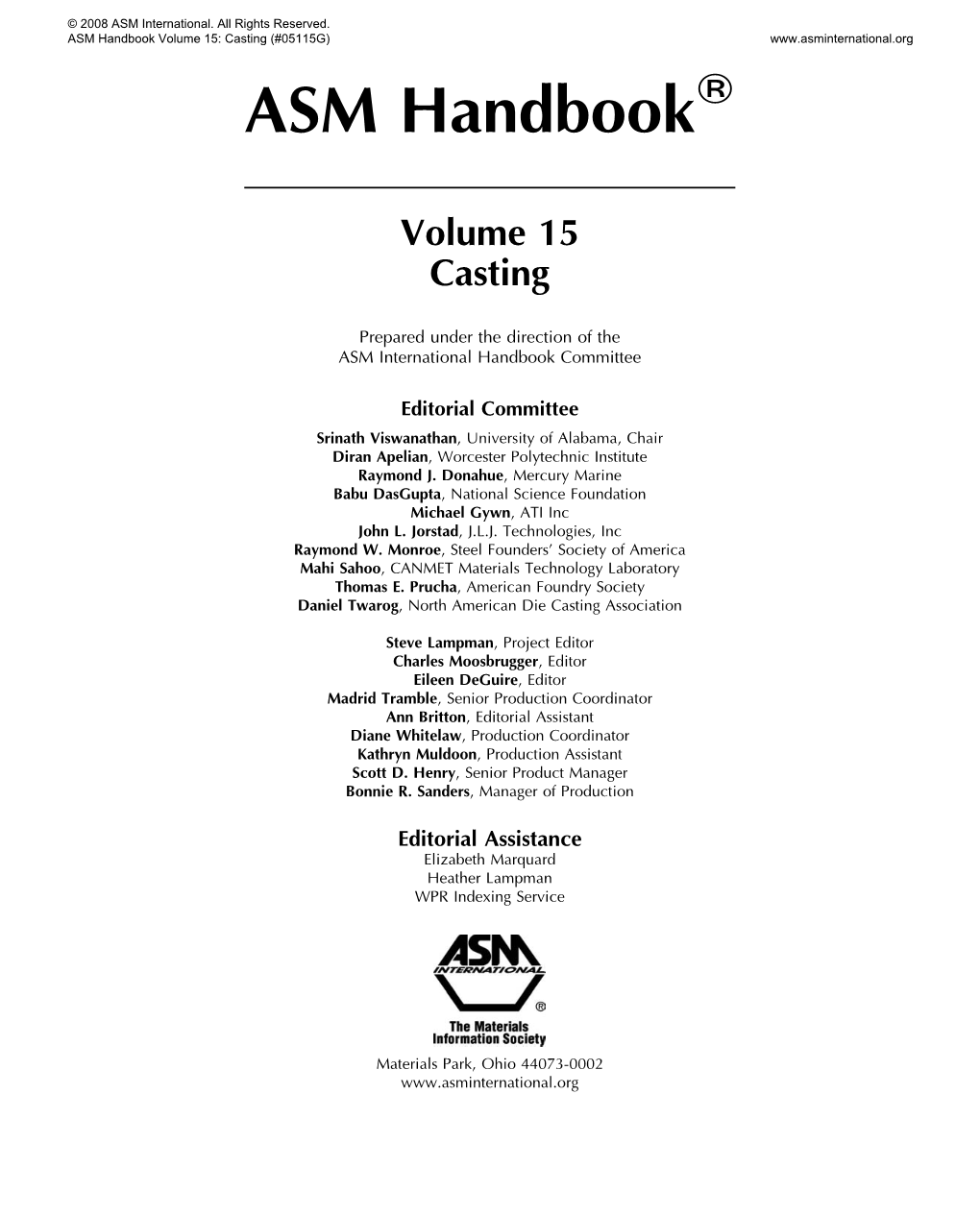 ASM Handbook Volume 15: Casting (#05115G) W ASM Handbook