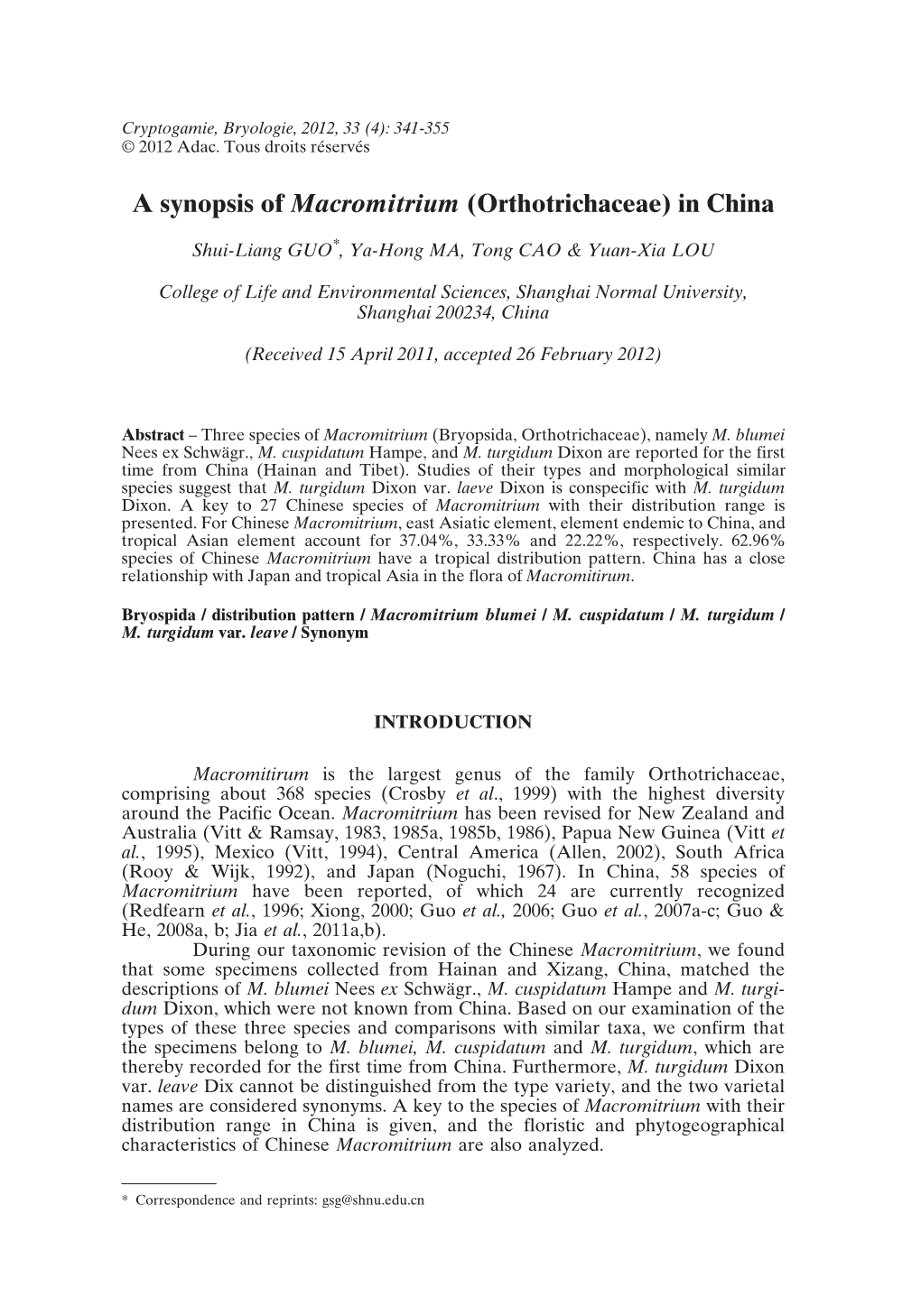 A Synopsis of Macromitrium (Orthotrichaceae) in China
