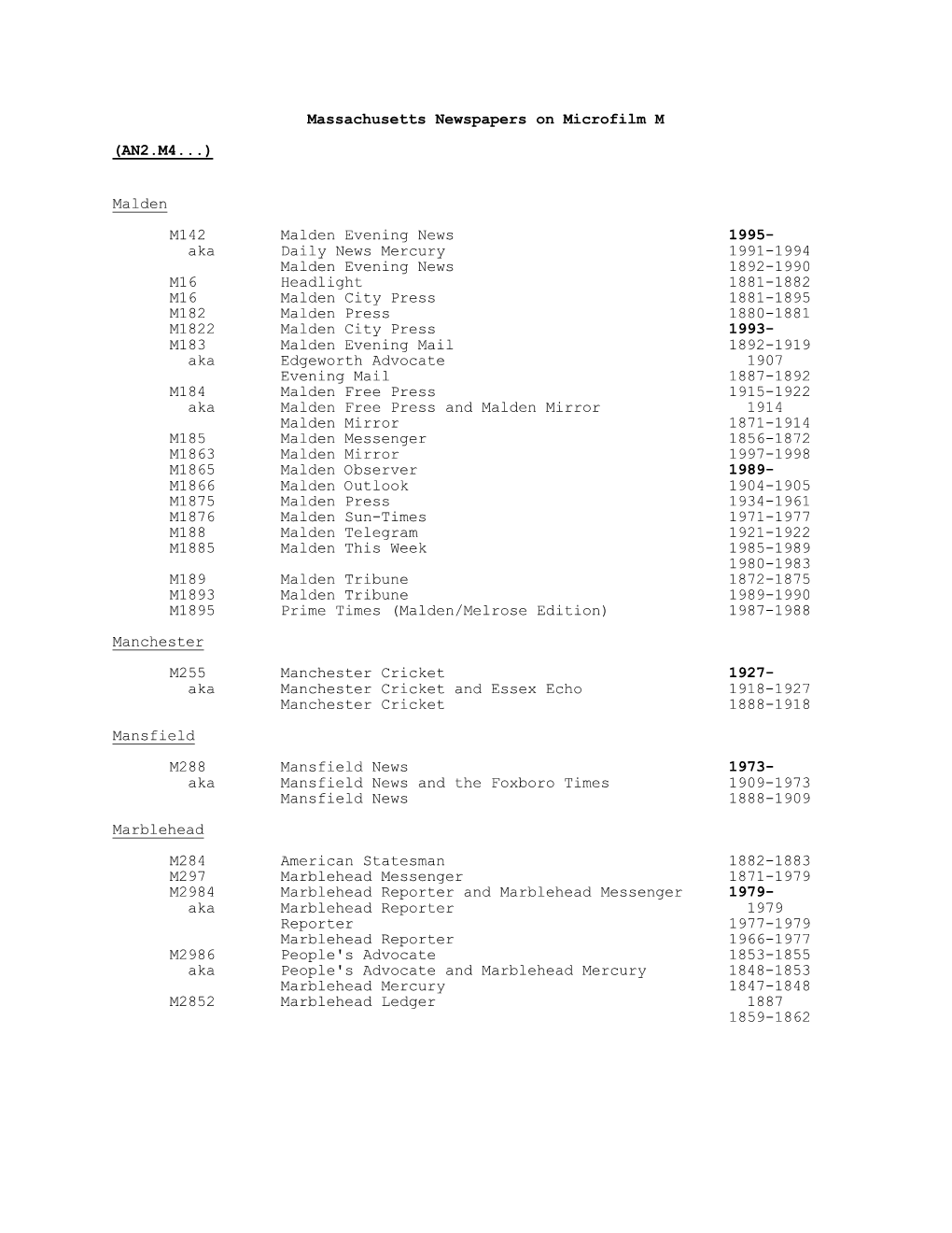 Massachusetts Newspapers on Microfilm M (AN2.M4...) Malden