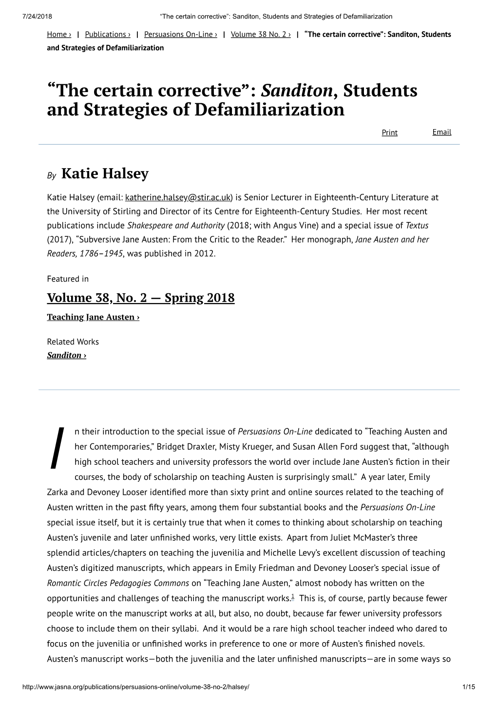 “The Certain Corrective”: Sanditon, Students and Strategies of Defamiliarization