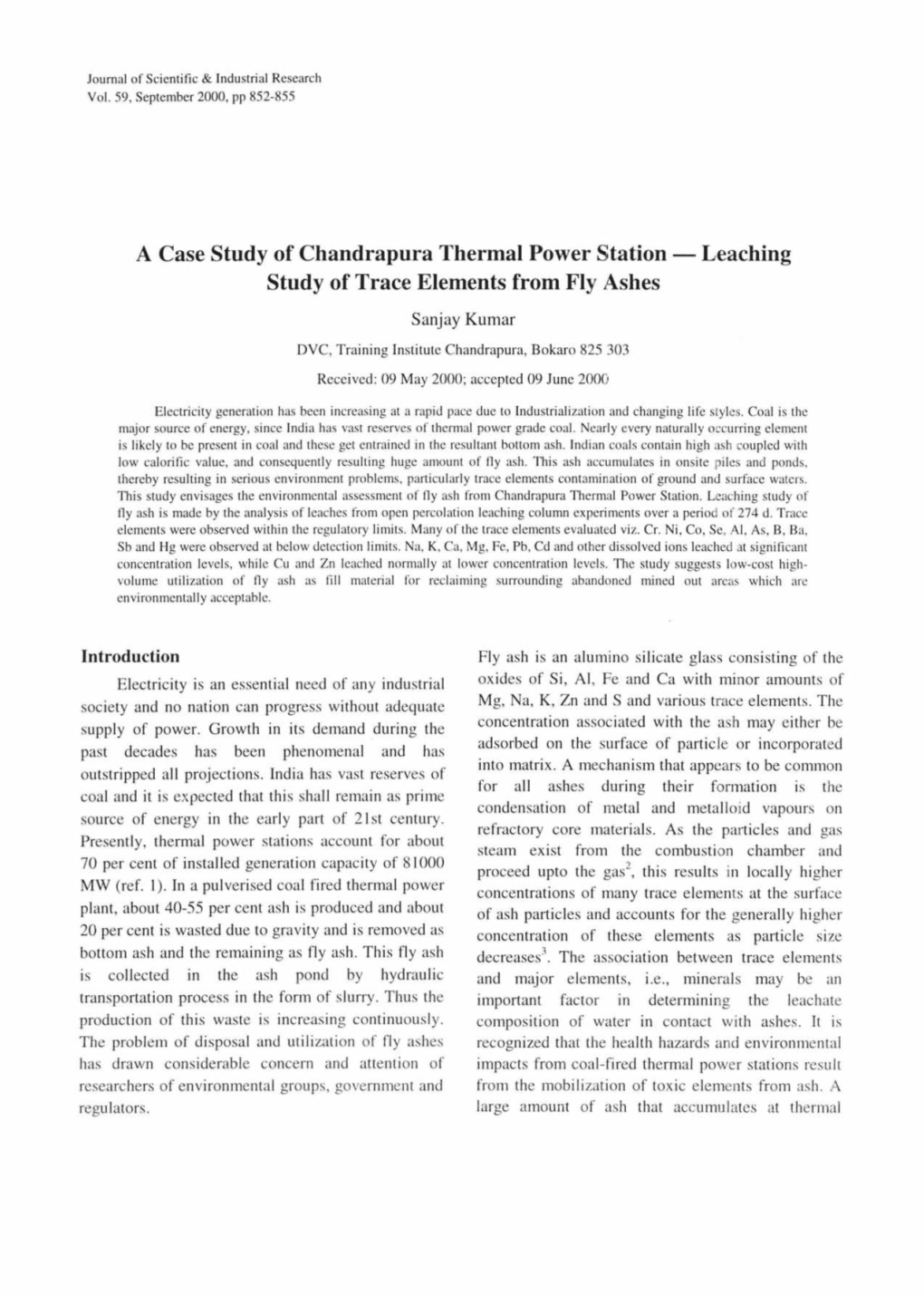 A Case Study of Chandrapura Thermal Power Station - Leaching Study of Trace Elements from Fly Ashes