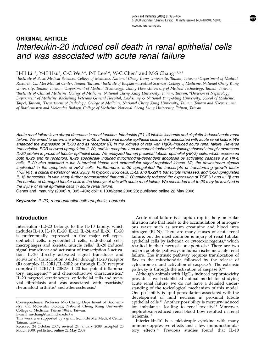 Interleukin-20 Induced Cell Death in Renal Epithelial Cells and Was Associated with Acute Renal Failure