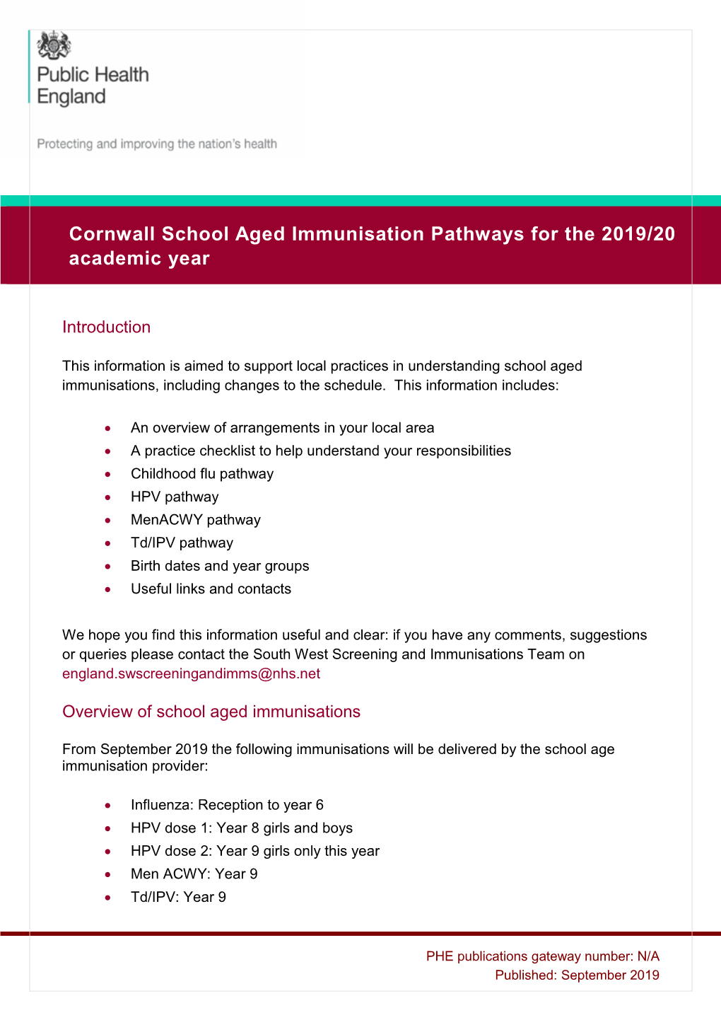 Cornwall School Aged Immunisation Pathways for the 2019/20 Academic Year