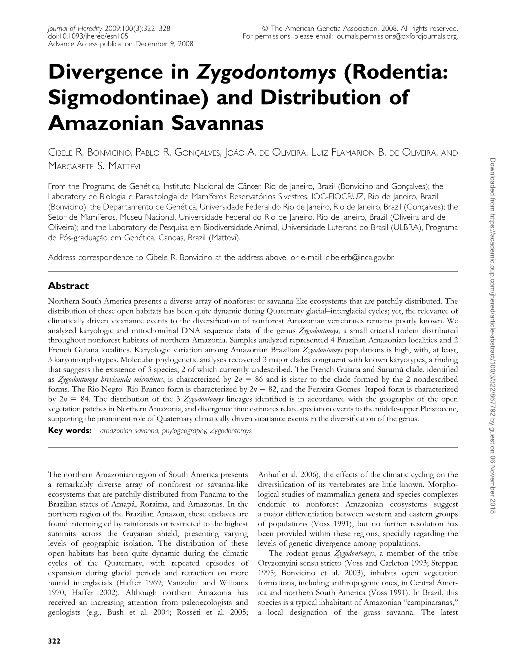 Divergence in Zygodontomys (Rodentia: Sigmodontinae) and Distribution of Amazonian Savannas