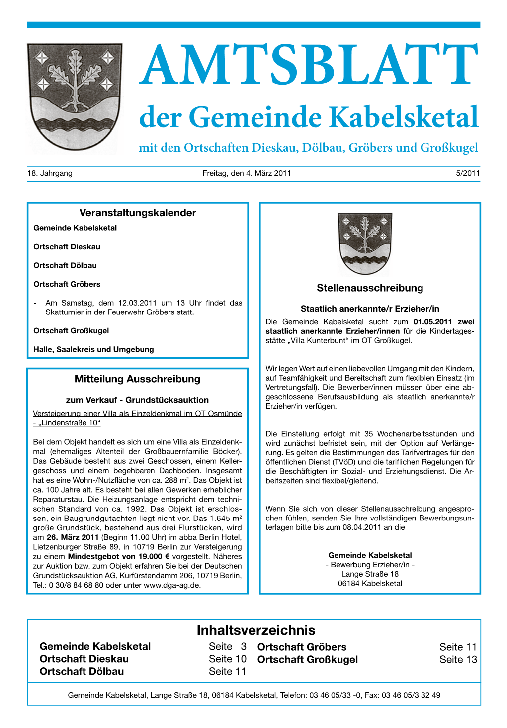 Der Gemeinde Kabelsketal Mit Den Ortschaften Dieskau, Dölbau, Gröbers Und Großkugel