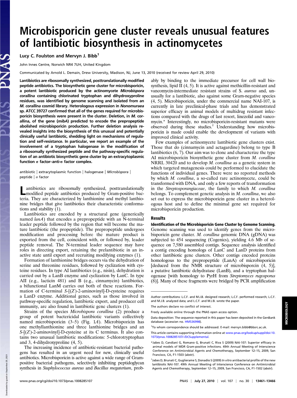 Microbisporicin Gene Cluster Reveals Unusual Features of Lantibiotic Biosynthesis in Actinomycetes