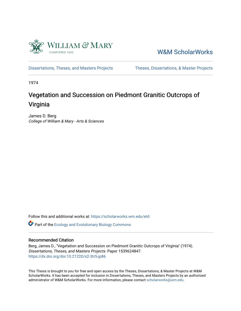 Vegetation and Succession on Piedmont Granitic Outcrops of Virginia