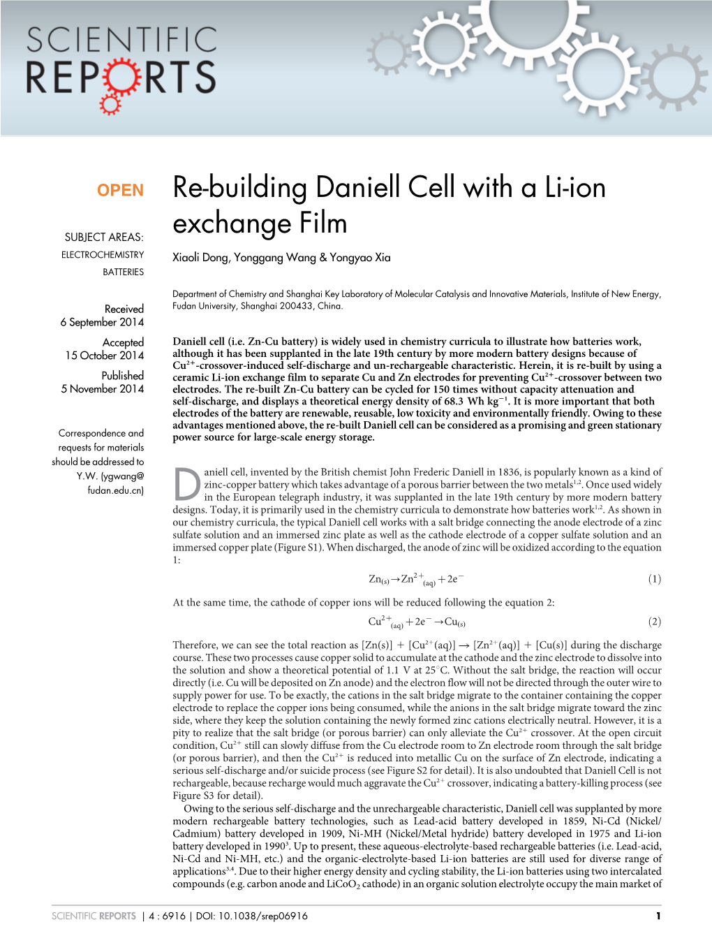 Re-Building Daniell Cell with a Li-Ion Exchange Film