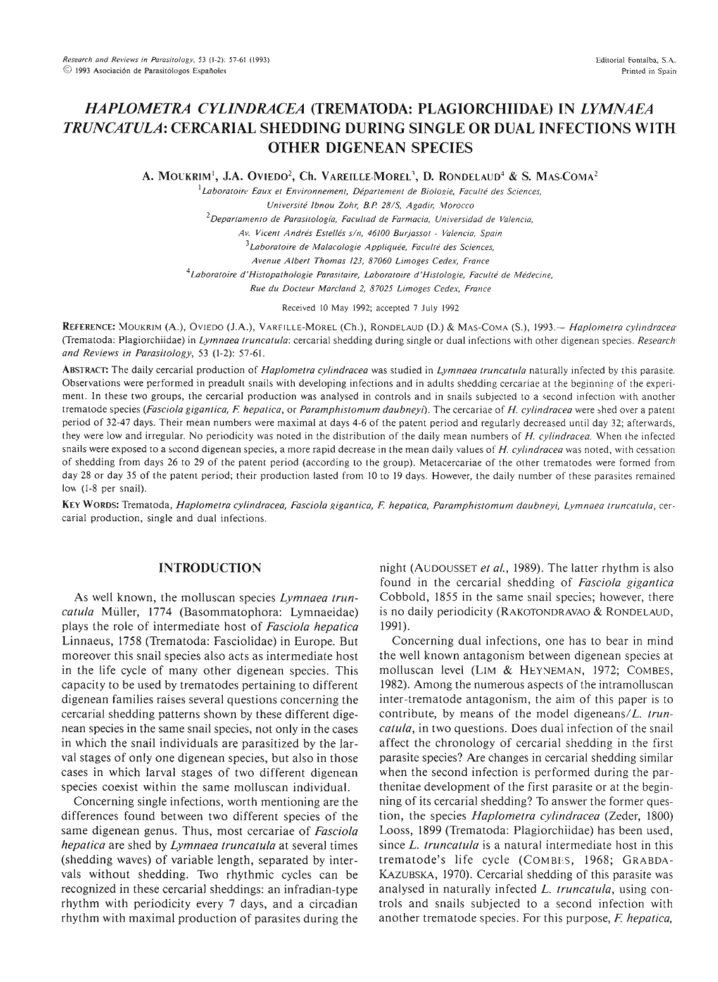 Haplometra Cylindracea (Trematoda: Plagiorchiidae) in Lymnaea Truncatula: Cercarial Shedding During Single Or Dual Infections with Otherdigenean Species