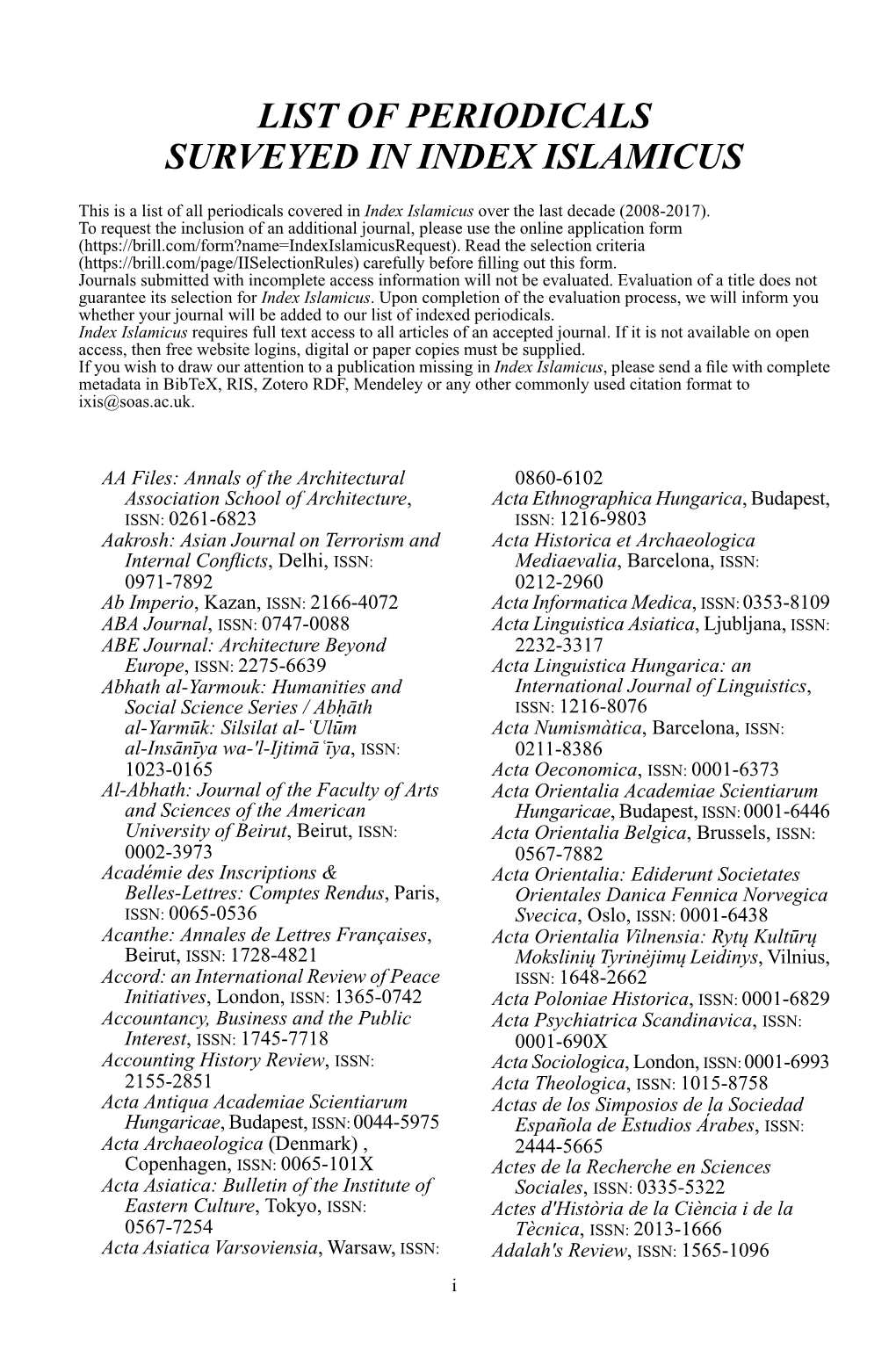 List of Periodicals Surveyed in Index Islamicus 2008-2017