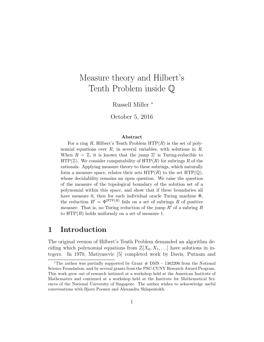 Measure Theory and Hilbert's Tenth Problem Inside Q