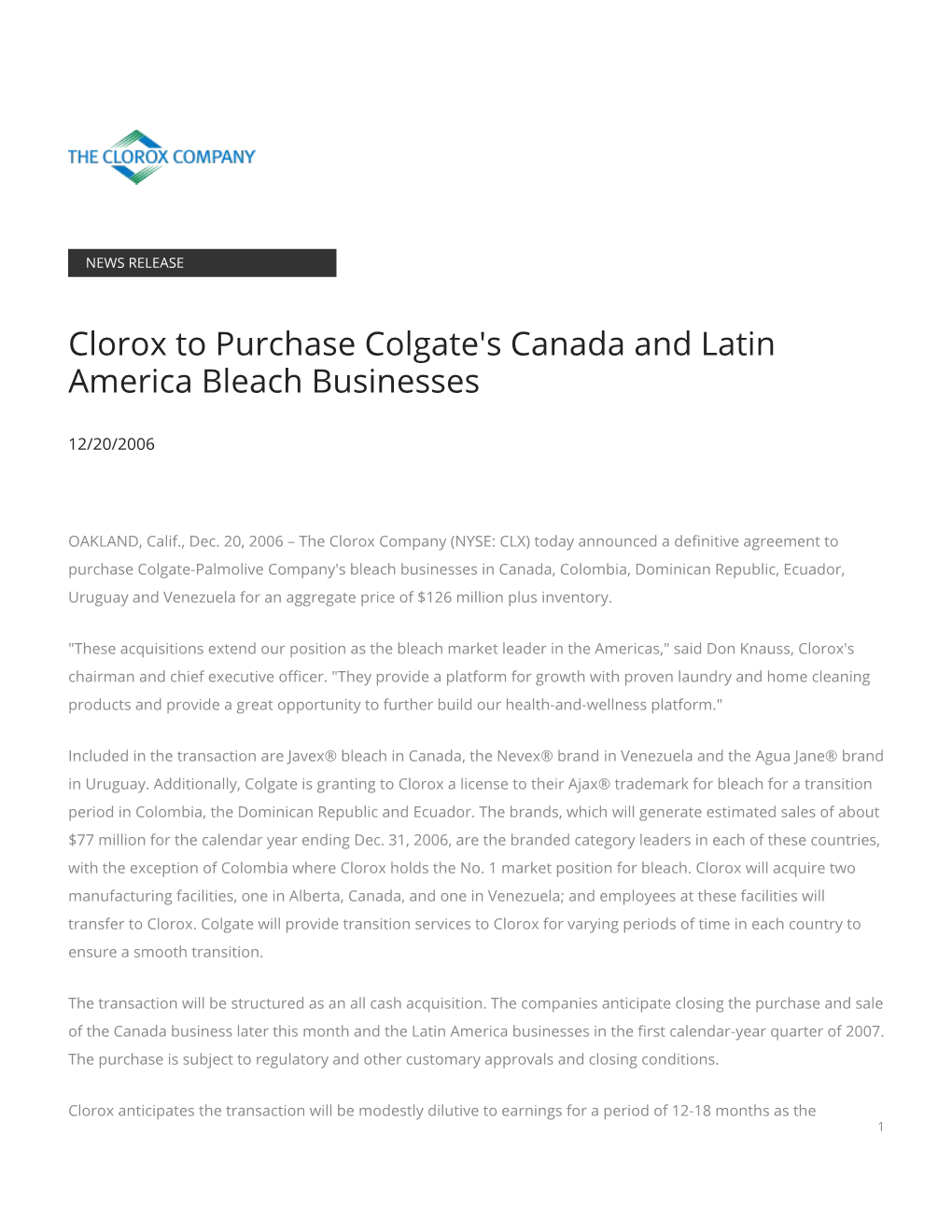 Clorox to Purchase Colgate's Canada and Latin America Bleach Businesses