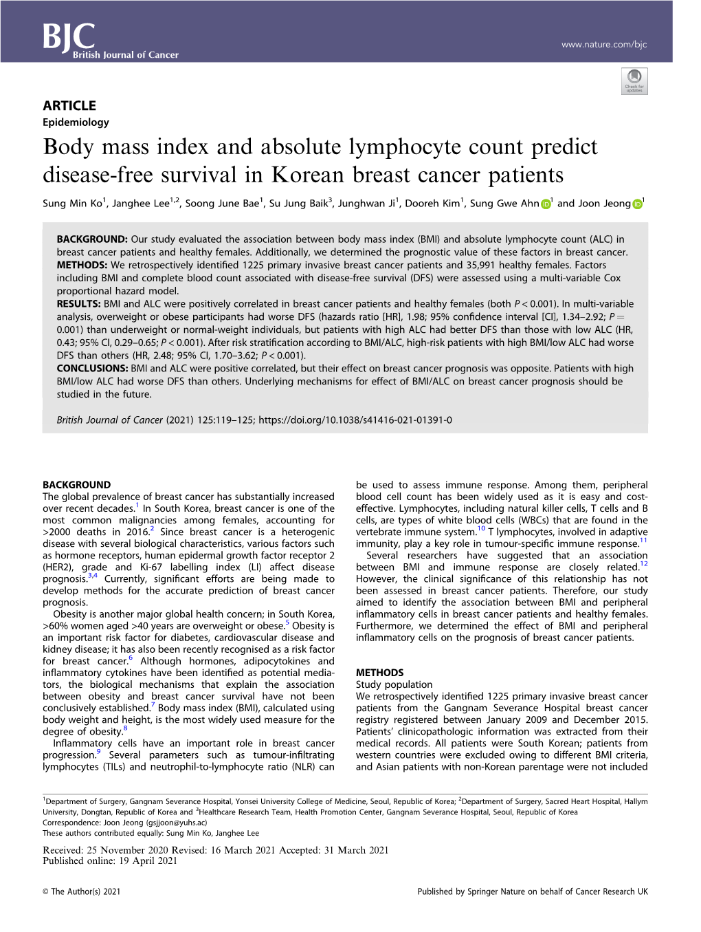 Body Mass Index and Absolute Lymphocyte Count Predict Disease-Free Survival in Korean Breast Cancer Patients