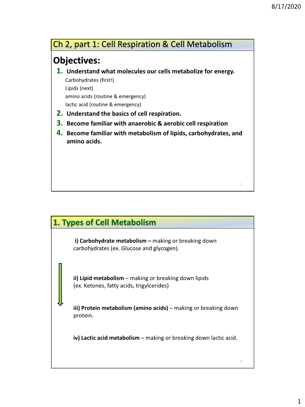 Ch 2, Part 1: Cell Respiration & Cell Metabolism