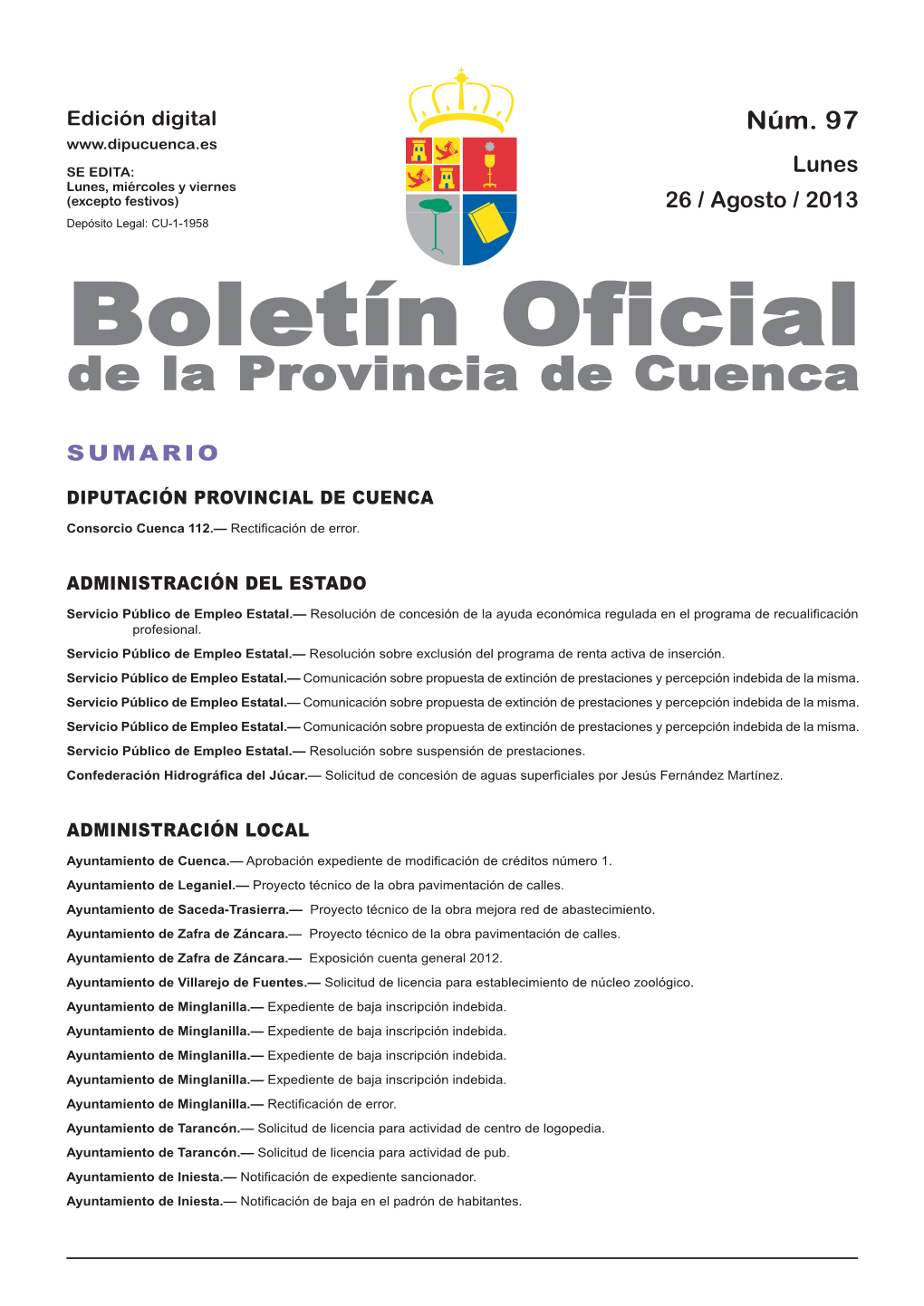 Boletín Oficial De La Provincia De Cuenca Sumario Diputación Provincial De Cuenca