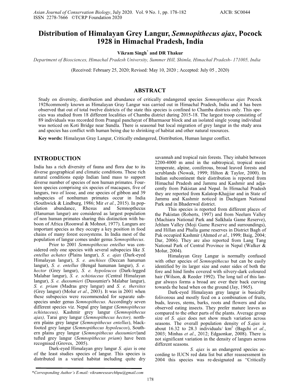 Distribution of Himalayan Grey Langur, Semnopithecus Ajax, Pocock 1928 in Himachal Pradesh, India