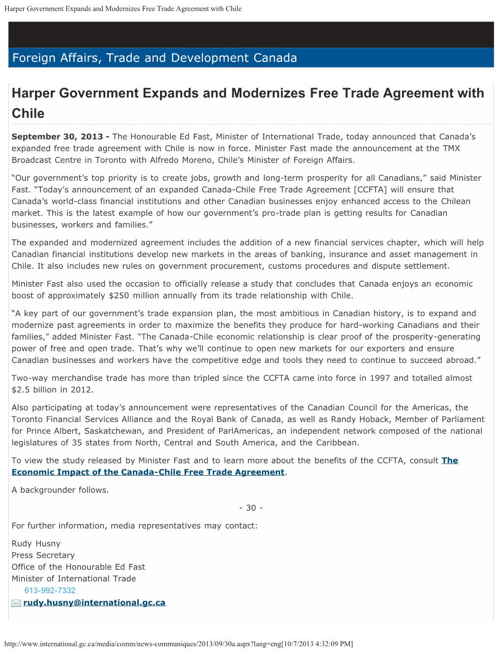 Harper Government Expands and Modernizes Free Trade Agreement with Chile