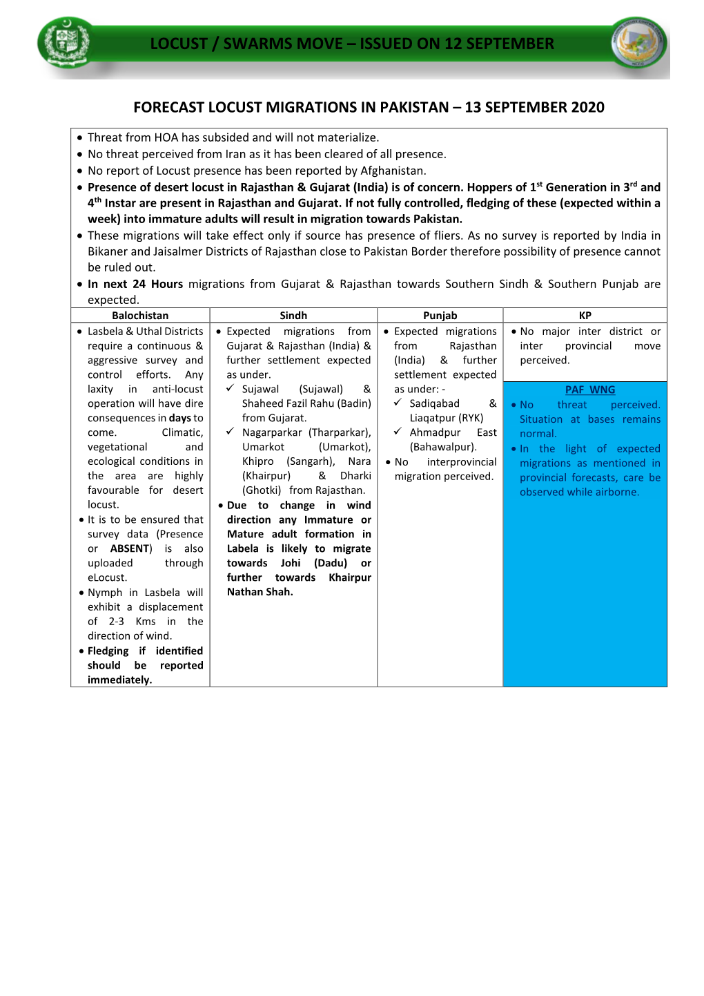 Locust / Swarms Move – Issued on 12 September