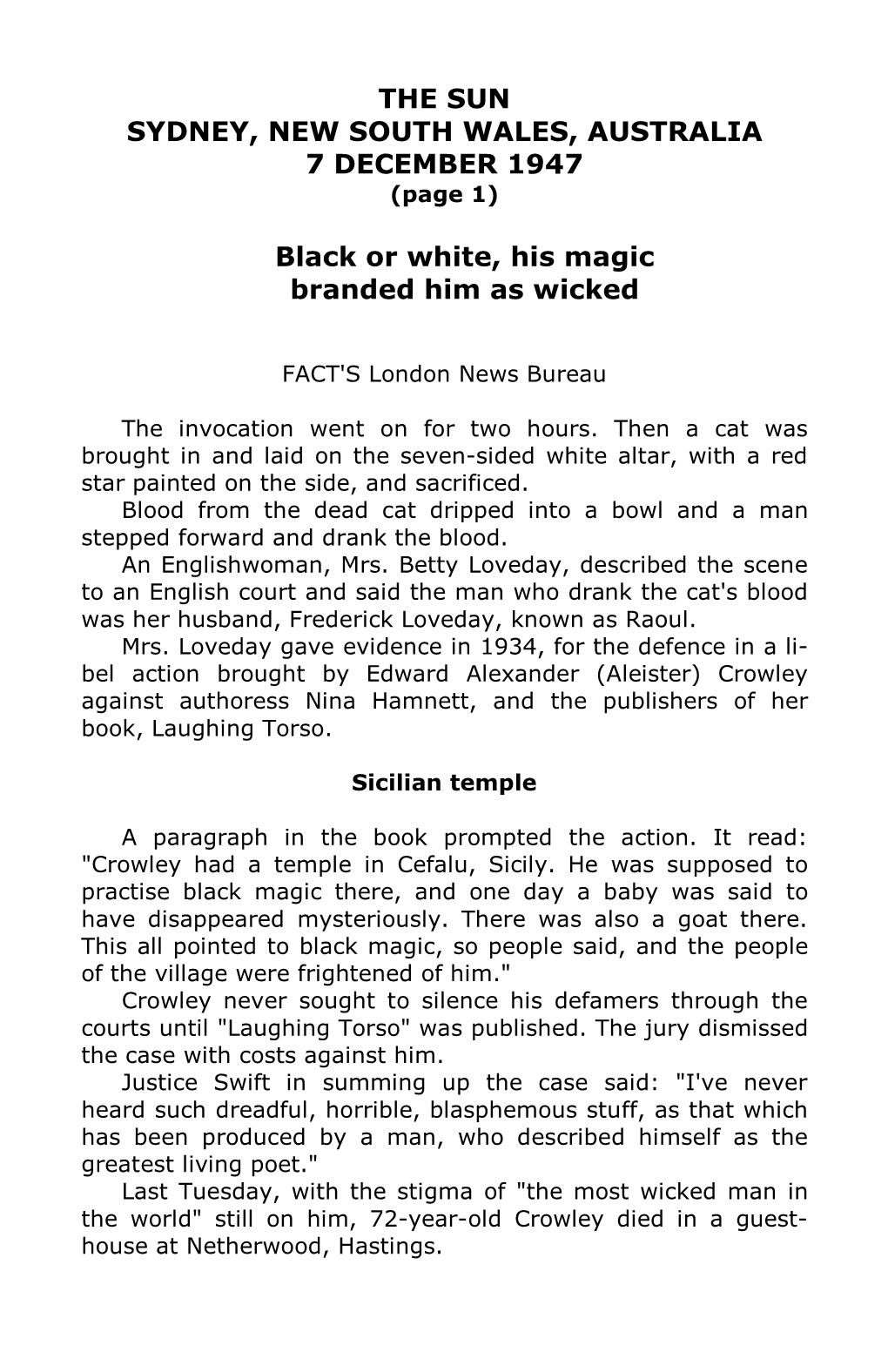 THE SUN SYDNEY, NEW SOUTH WALES, AUSTRALIA 7 DECEMBER 1947 (Page 1)