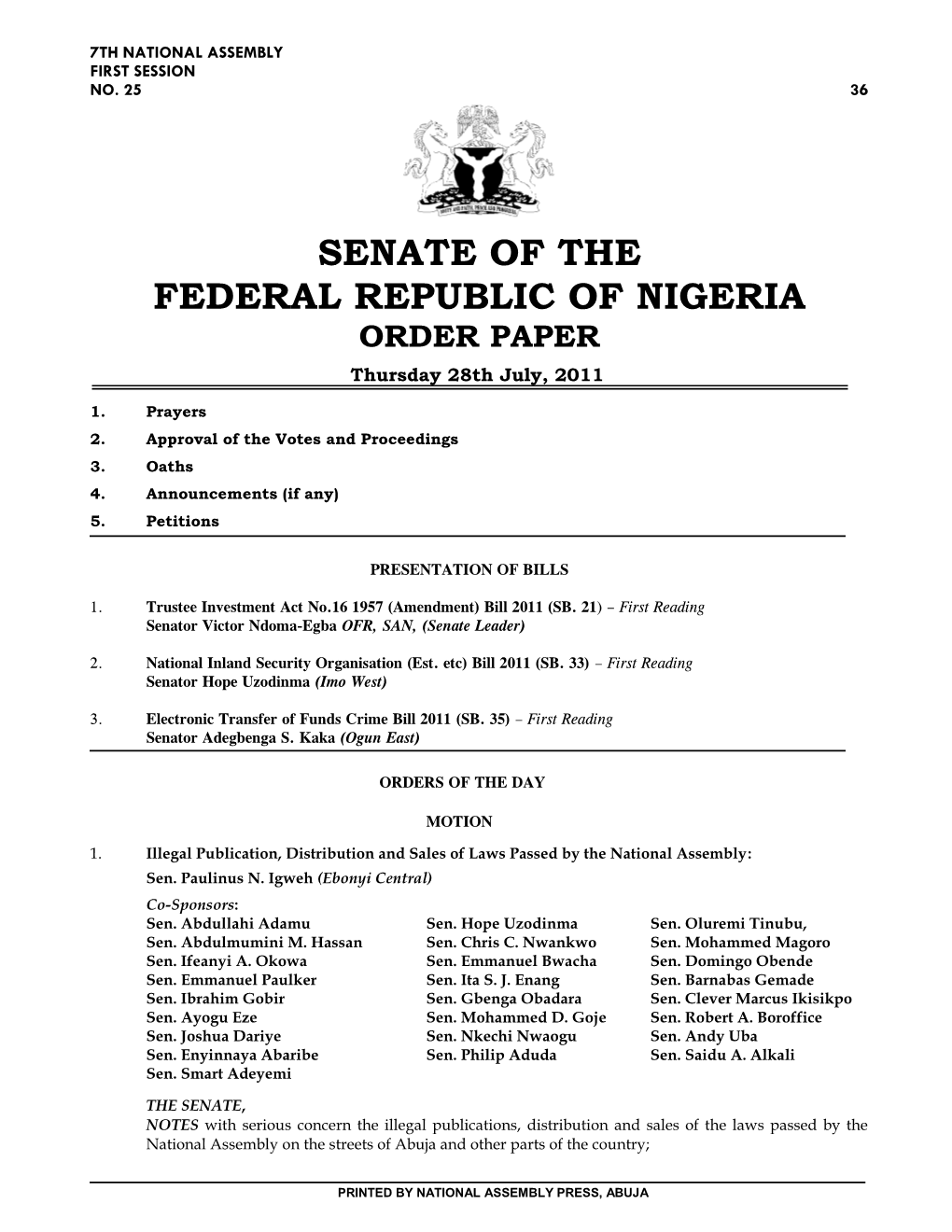 Senate of the Federal Republic of Nigeria Order Paper