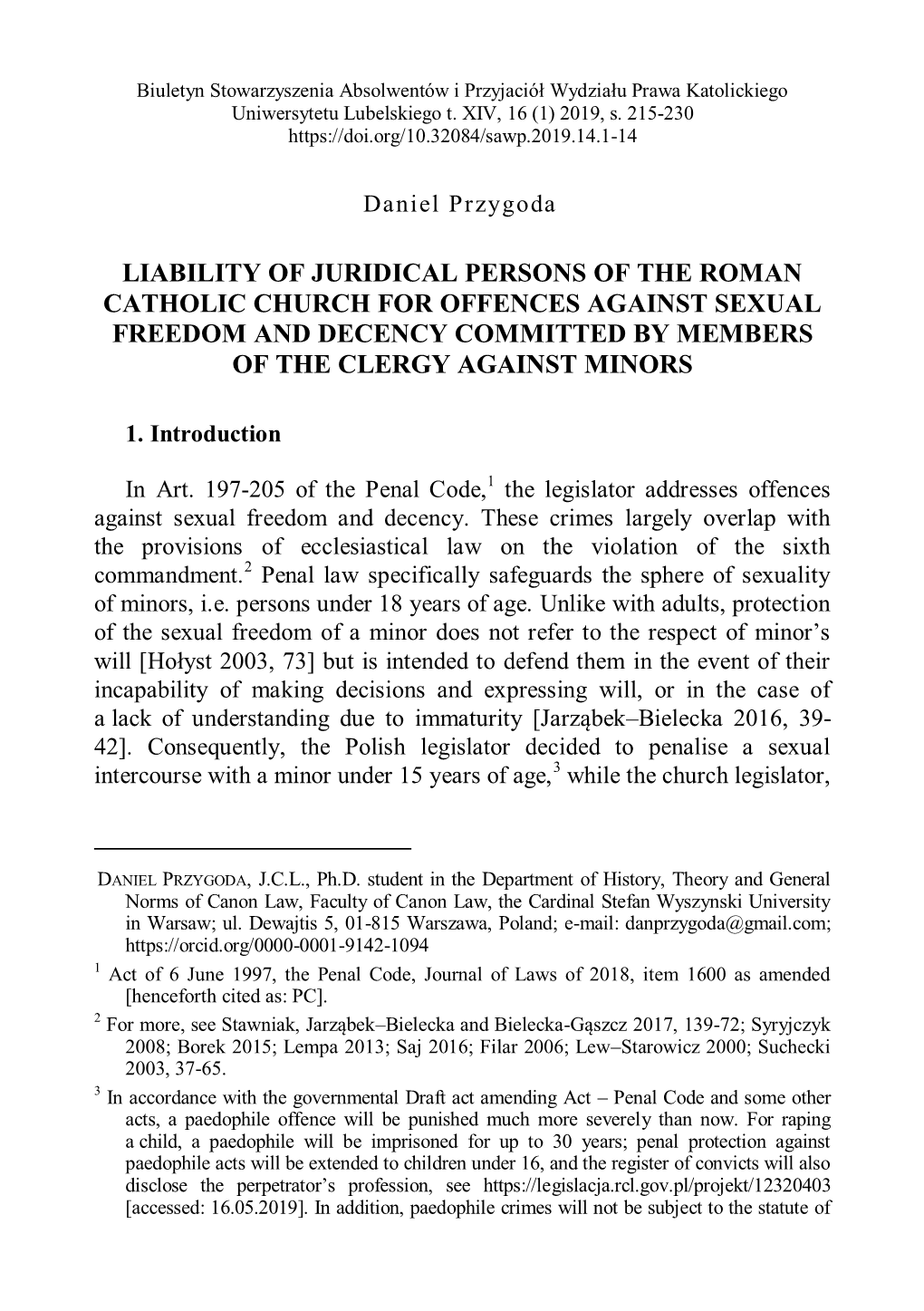 Liability of Juridical Persons of the Roman Catholic Church for Offences Against Sexual Freedom and Decency Committed by Members of the Clergy Against Minors