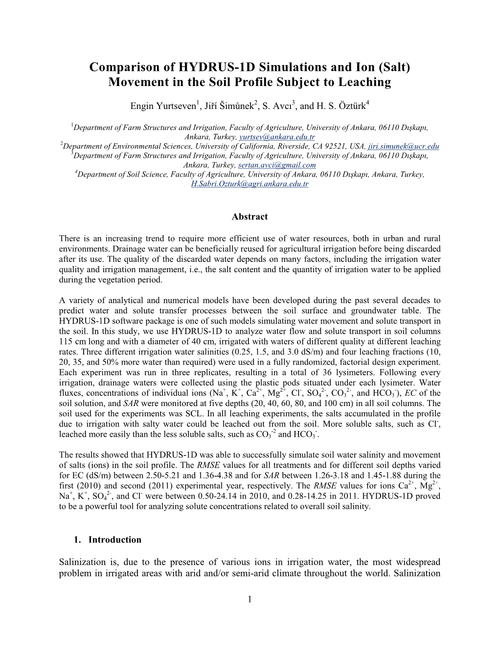 Comparison of HYDRUS-1D Simulations and Ion (Salt) Movement in the Soil Profile Subject to Leaching