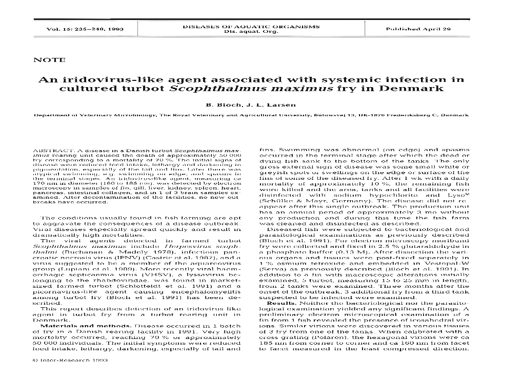 An Iridovirus-Like Agent Associated with Systemic Infection in Cultured Turbot Scophthalmus Maximus Fry in Denmark