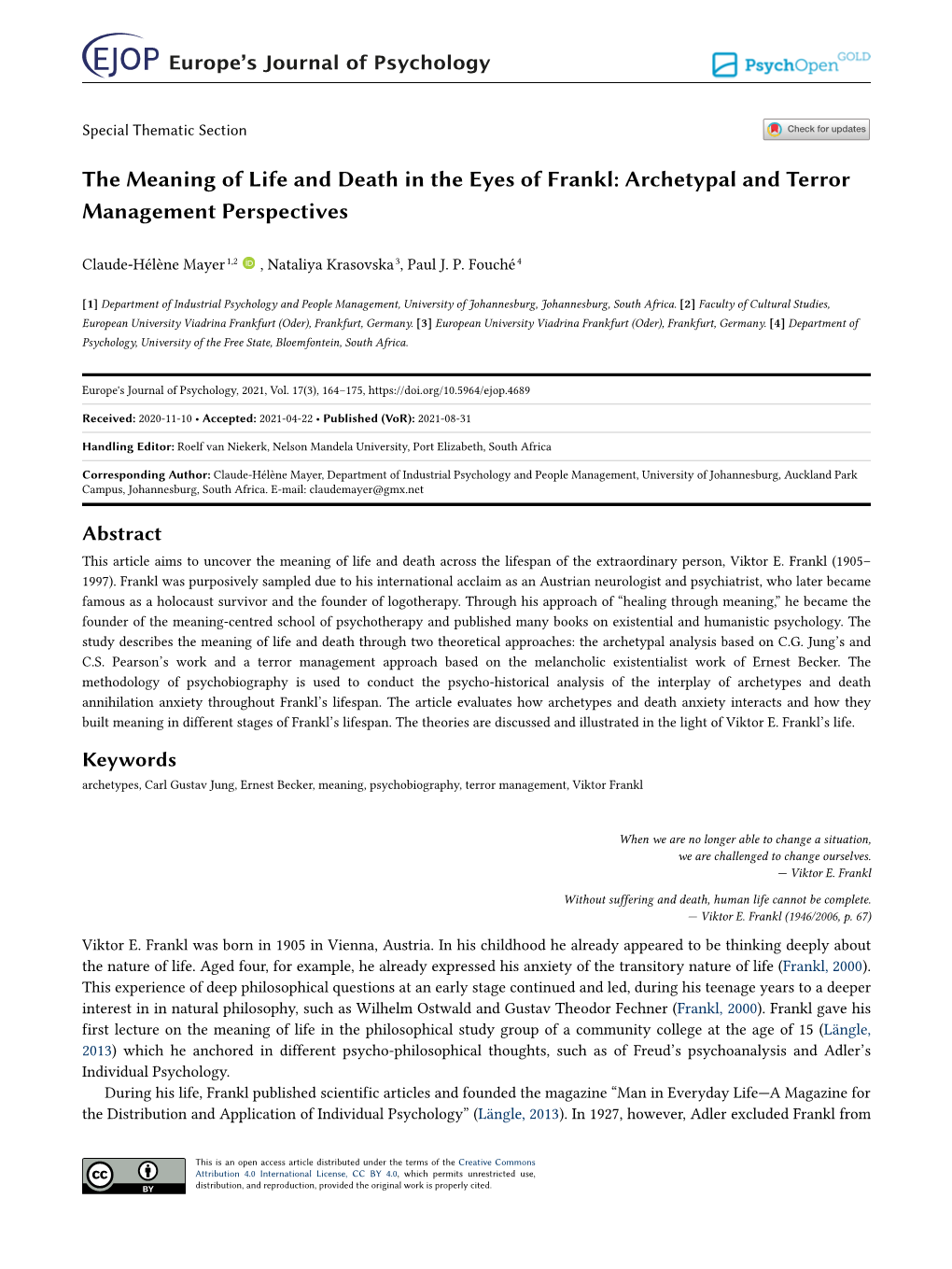 The Meaning of Life and Death in the Eyes of Frankl: Archetypal and Terror Management Perspectives