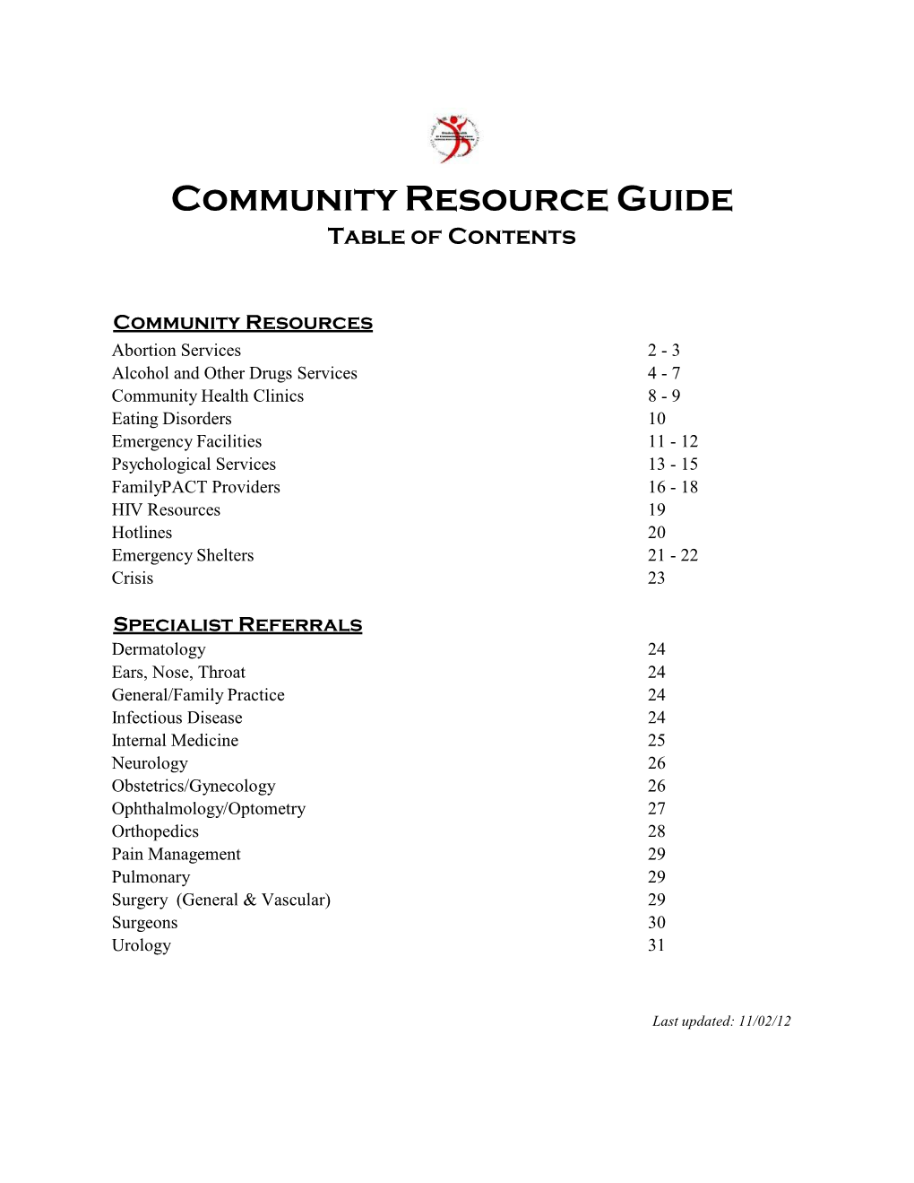 Community Resource Guide Table of Contents