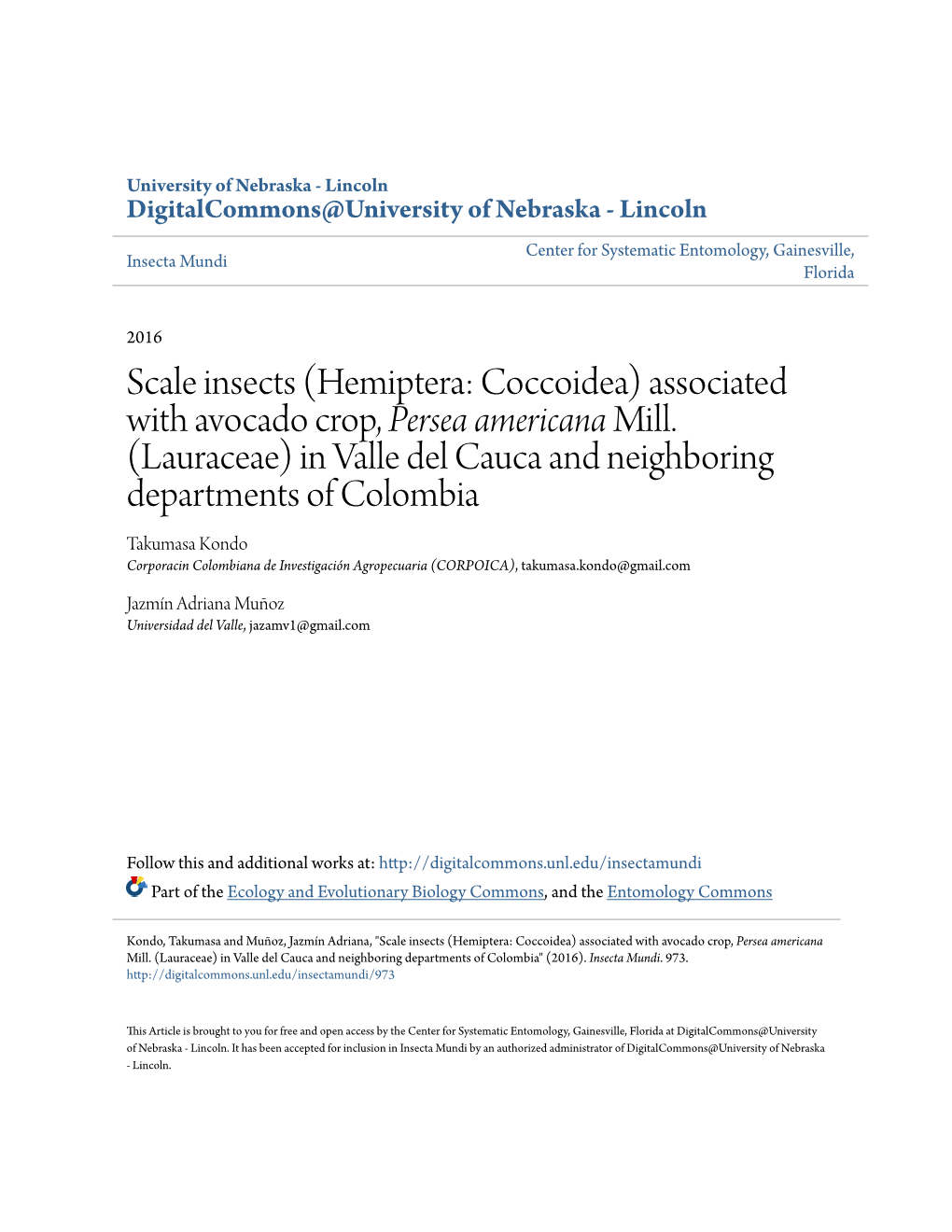 Scale Insects (Hemiptera: Coccoidea) Associated with Avocado Crop, Persea Americana Mill