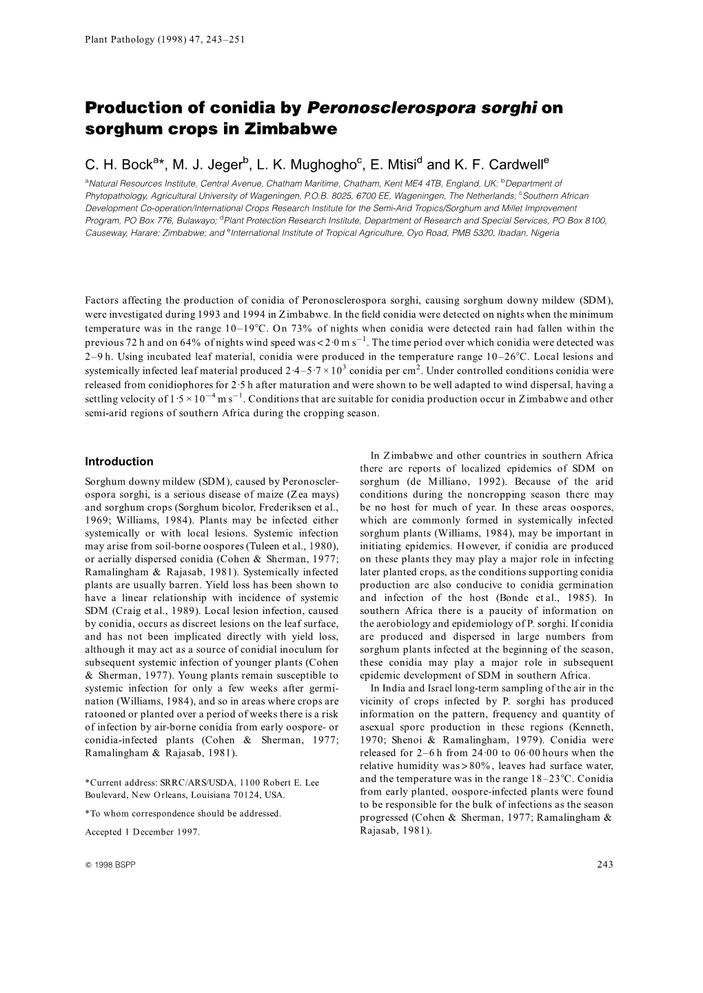 Production of Conidia by Peronosclerospora Sorghi on Sorghum Crops in Zimbabwe