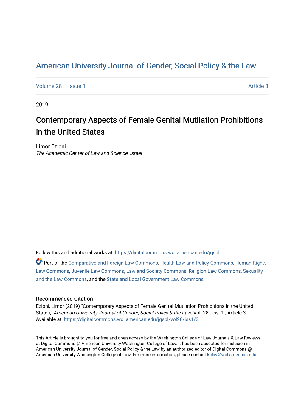 Contemporary Aspects of Female Genital Mutilation Prohibitions in the United States