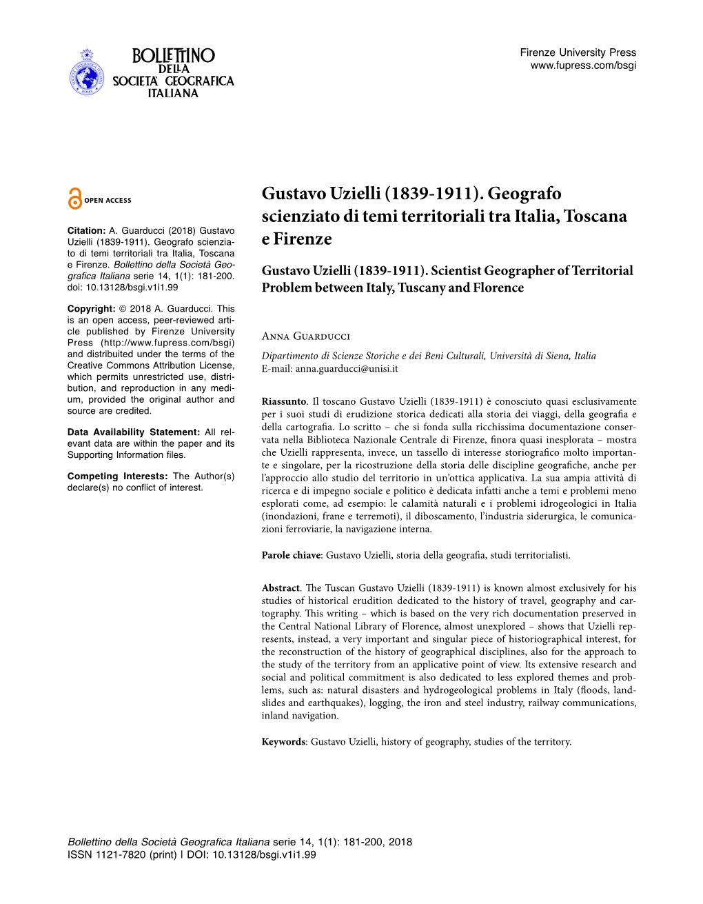 Gustavo Uzielli (1839-1911). Geografo Scienziato Di Temi Territoriali Tra Italia, Toscana Citation: A