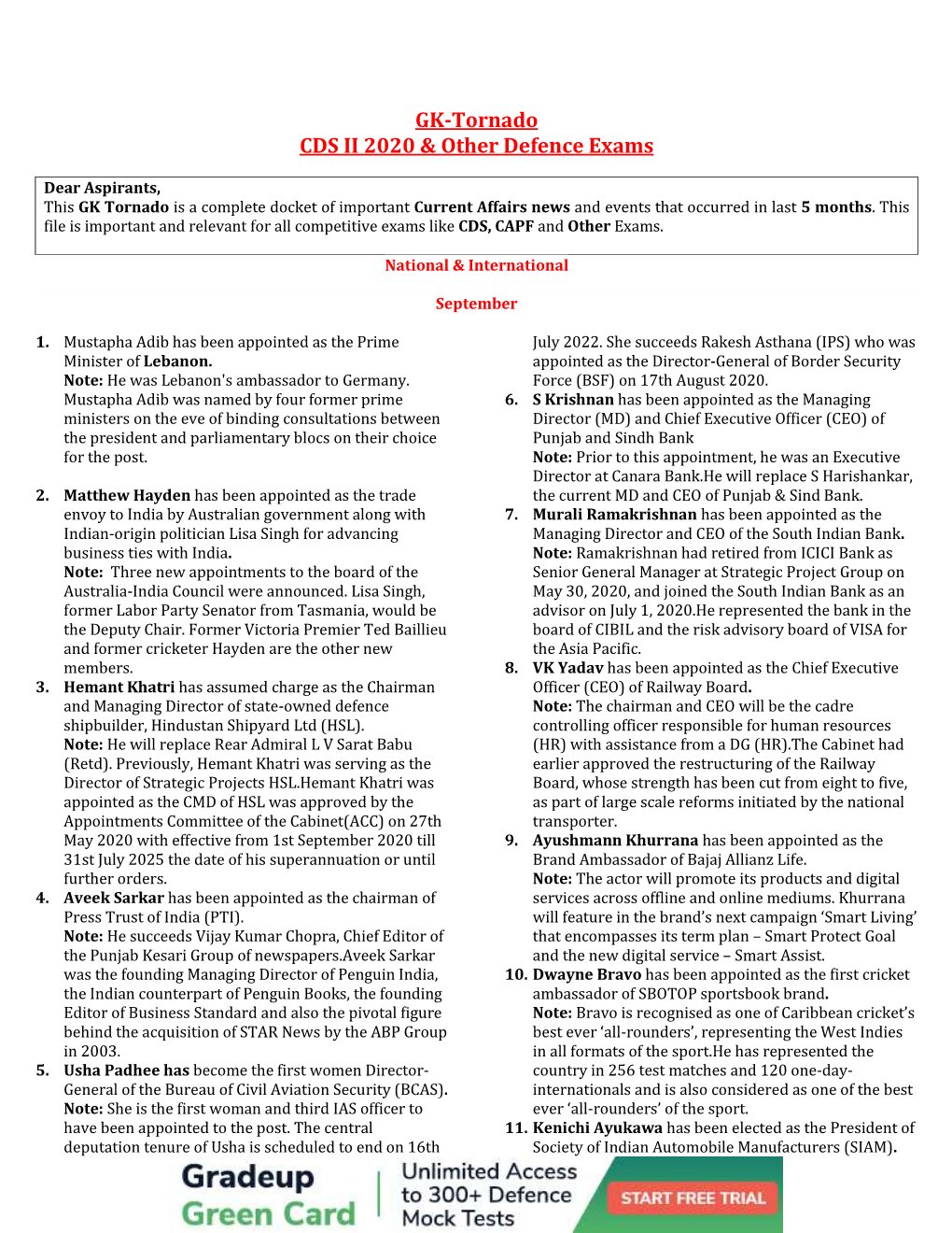 GK-Tornado CDS II 2020 & Other Defence Exams