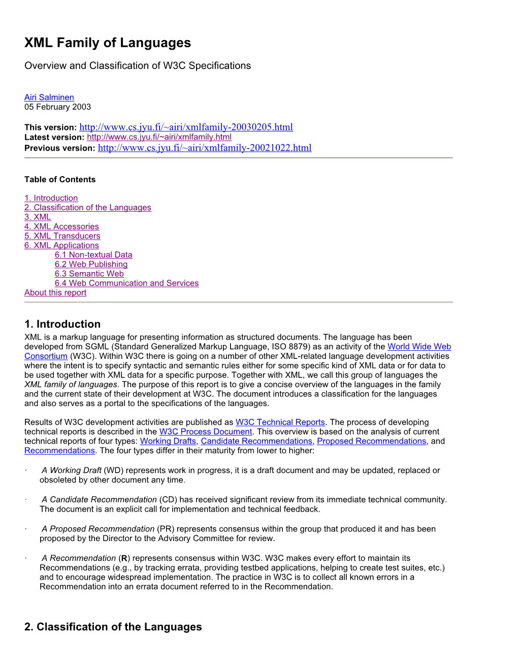 XML Family of Languages Overview and Classification of W3C Specifications