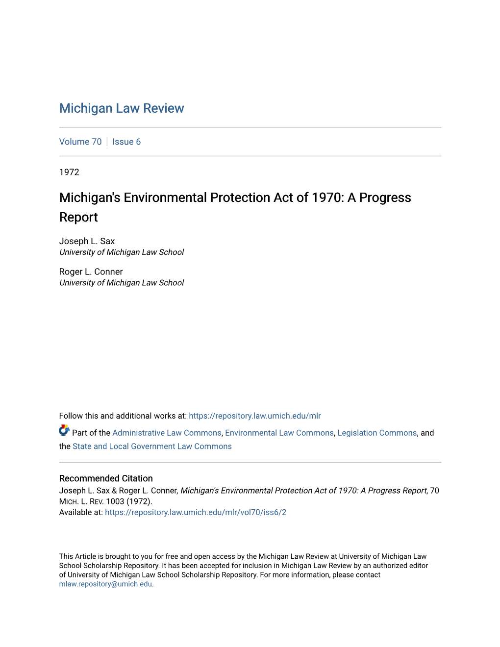 Michigan's Environmental Protection Act of 1970: a Progress Report