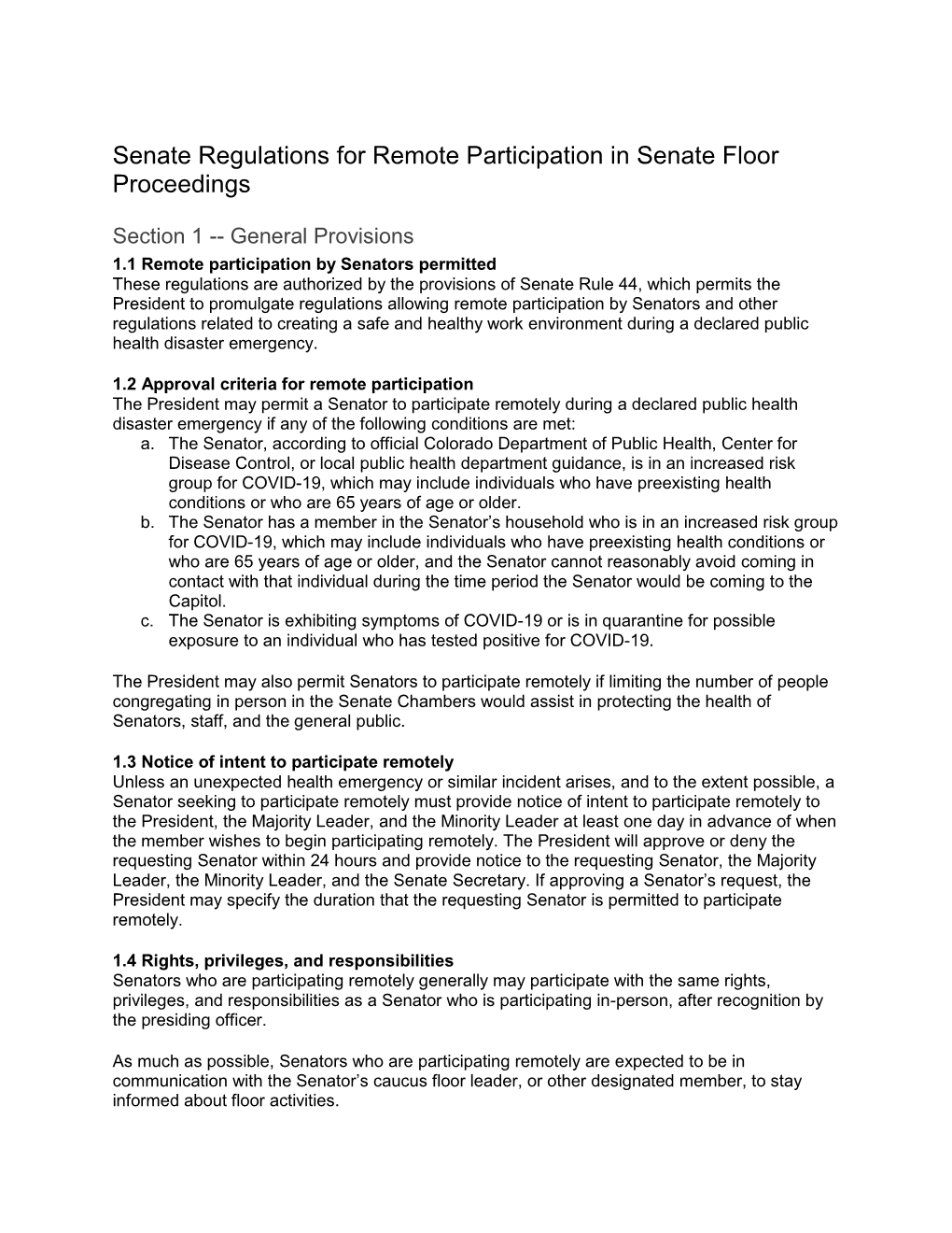 Senate Regulations for Remote Participation in Senate Floor Proceedings