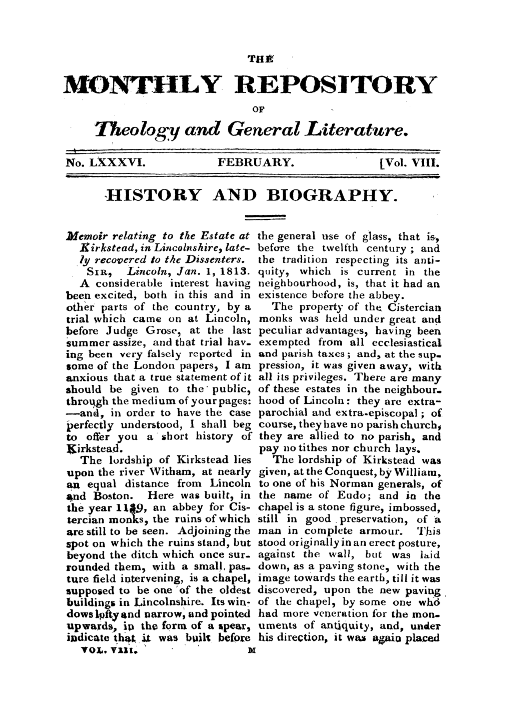 Page 1 the MONTHLY REPOSITORY of Theology and General