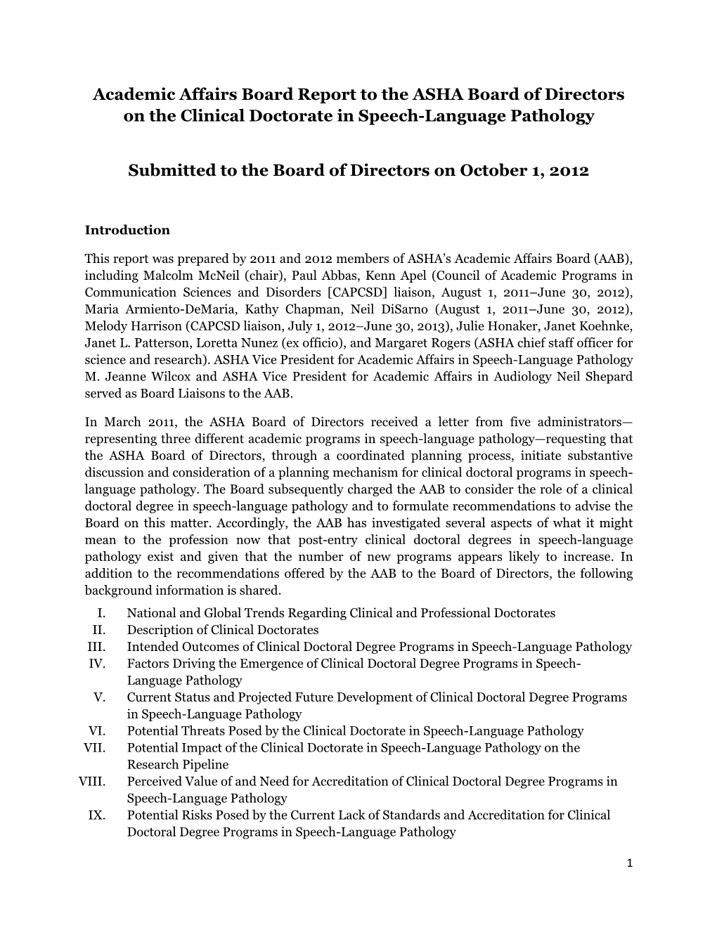 Academic Affairs Board Report on the Clinical Doctorate in Speech