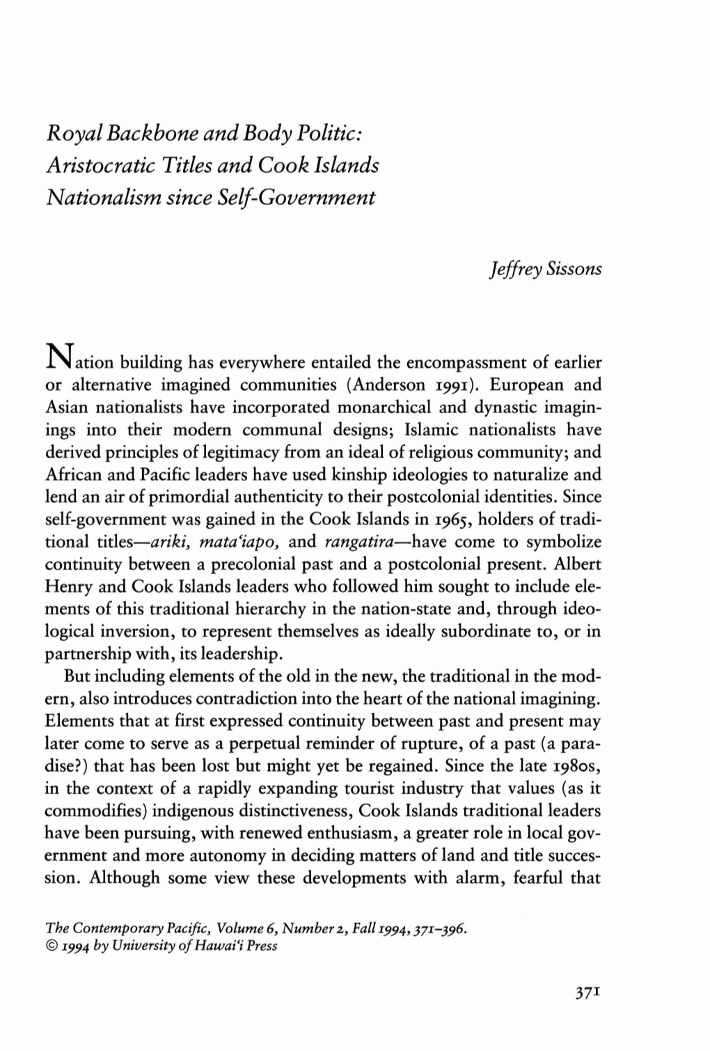 Aristocratic Titles and Cook Islands Nationalism Since Self-Government