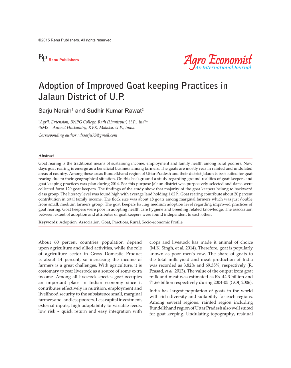 Adoption of Improved Goat Keeping Practices in Jalaun District of U.P