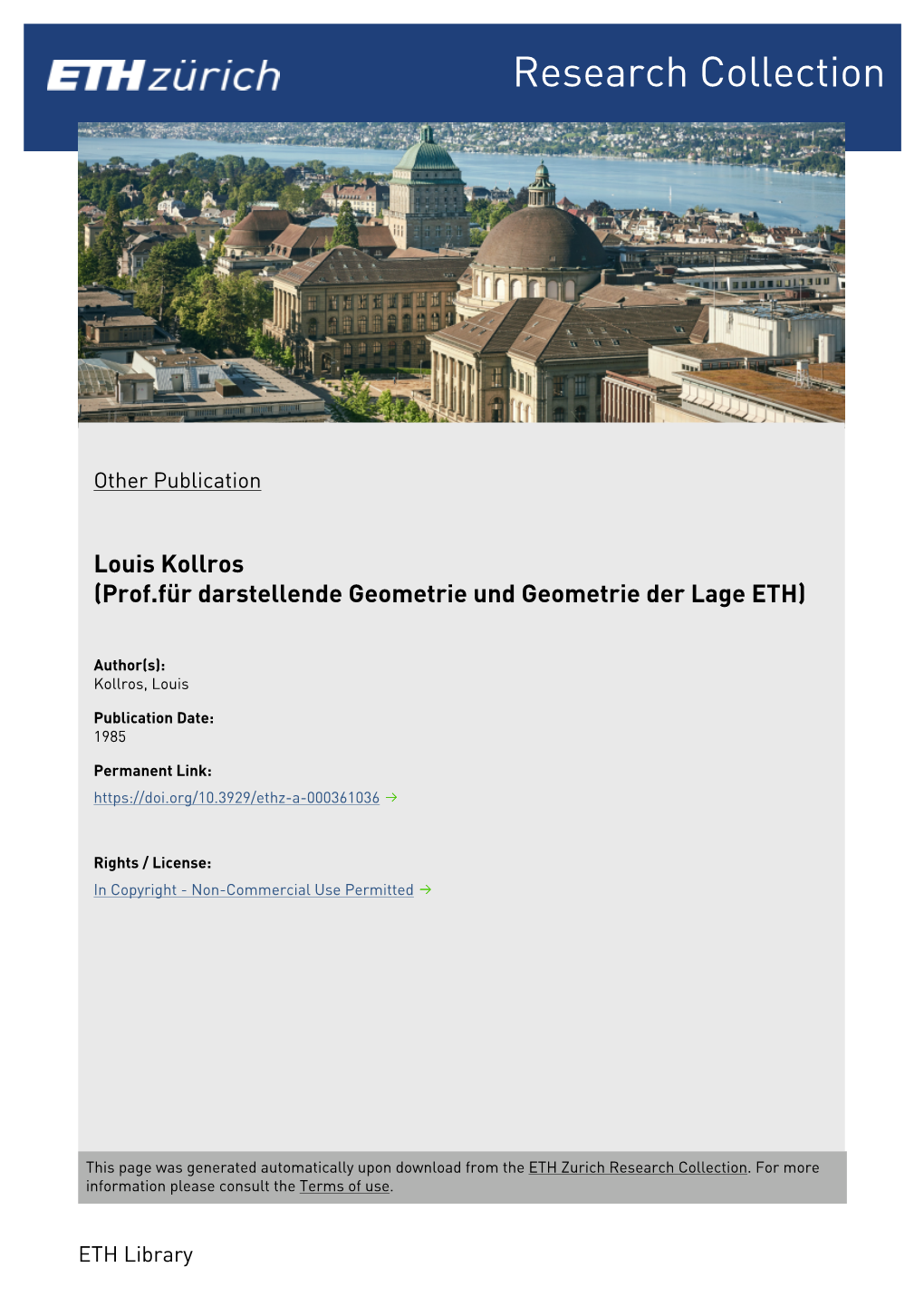 Louis Kollros (Prof.Für Darstellende Geometrie Und Geometrie Der Lage ETH)