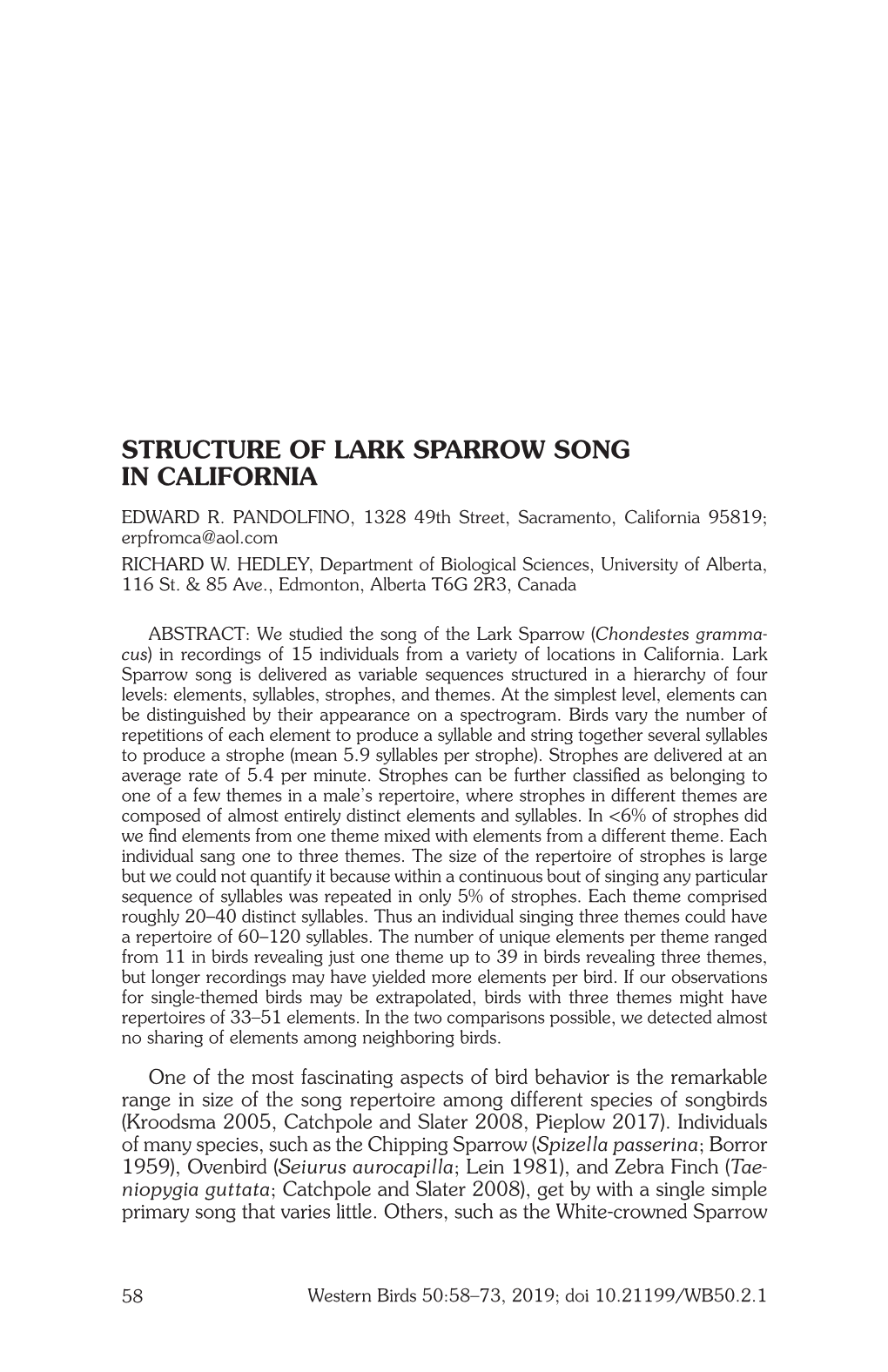 Structure of Lark Sparrow Song in California Edward R