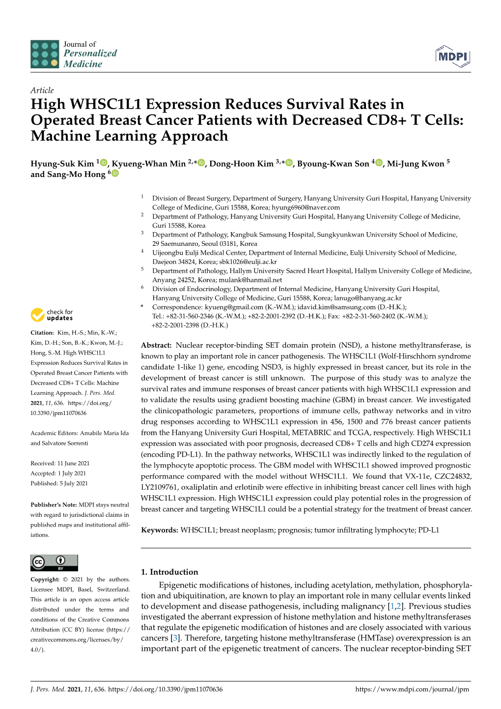 High WHSC1L1 Expression Reduces Survival Rates in Operated Breast Cancer Patients with Decreased CD8+ T Cells: Machine Learning Approach