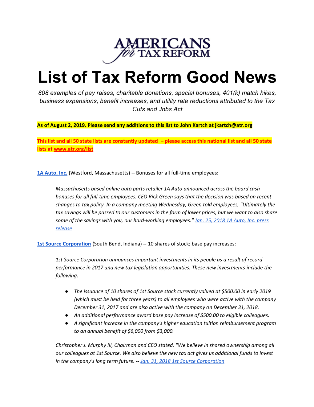 List of Tax Reform Good News