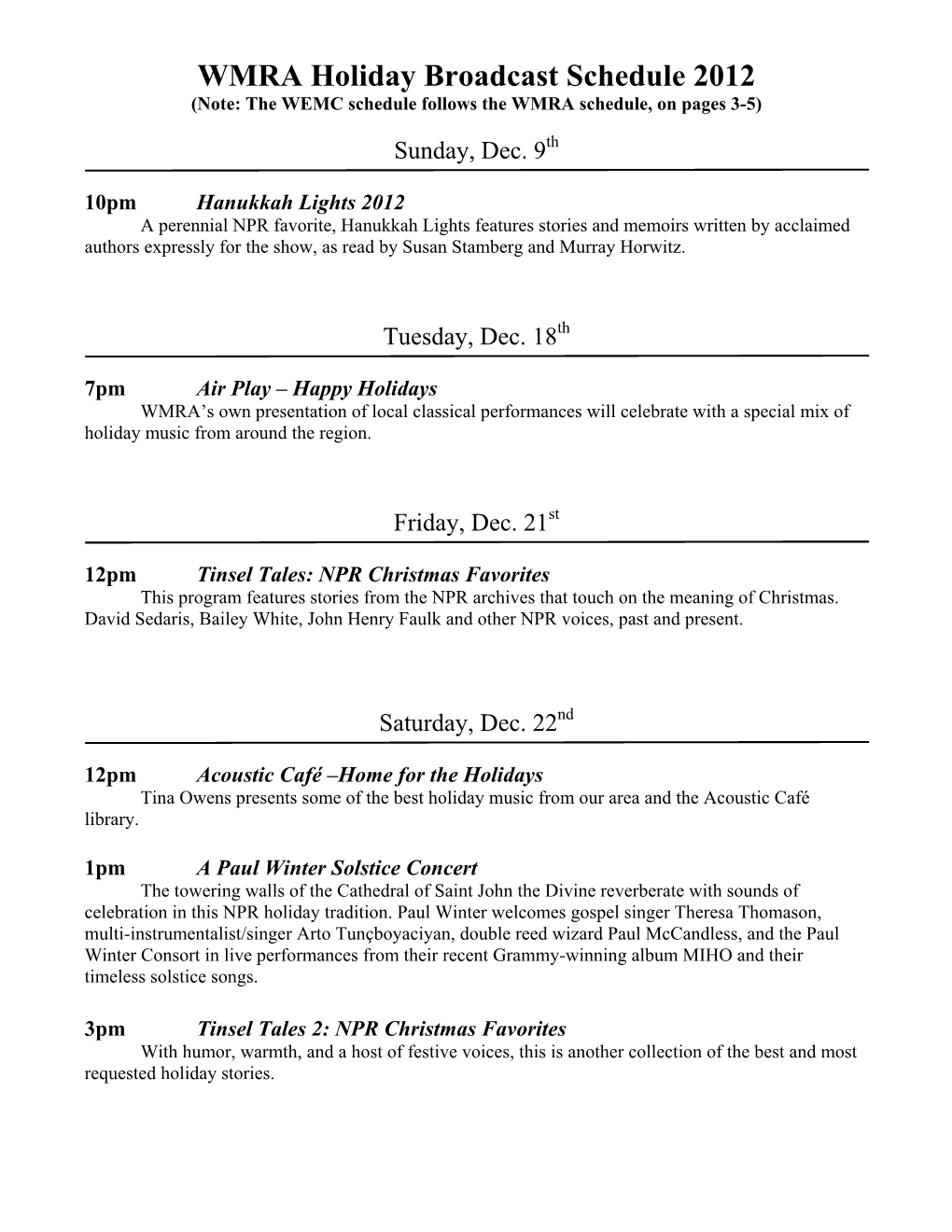 WMRA Holiday Broadcast Schedule 2012 (Note: the WEMC Schedule Follows the WMRA Schedule, on Pages 3-5)