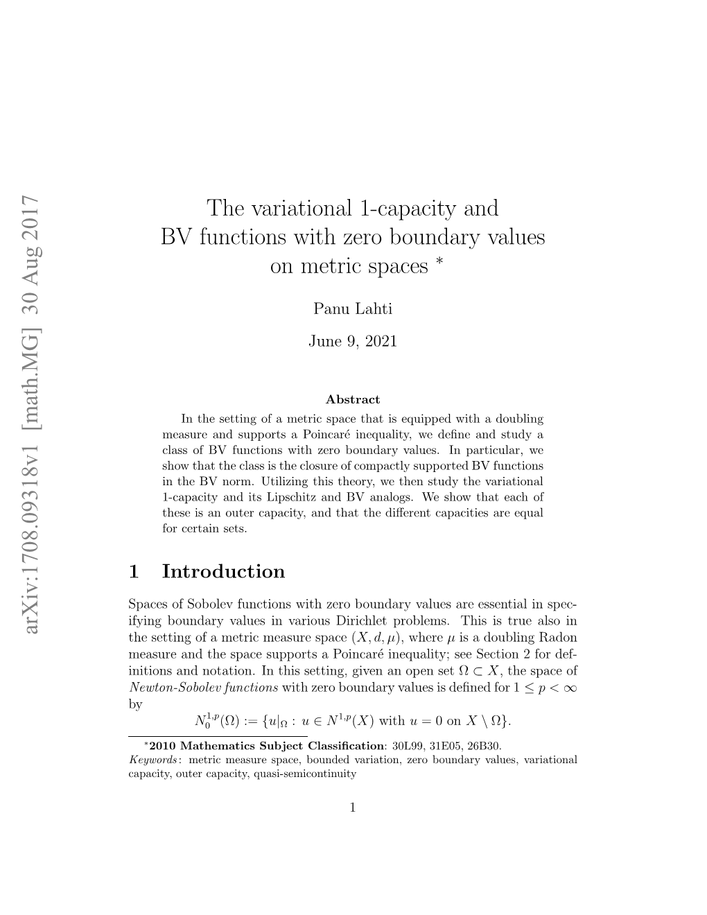 The Variational 1-Capacity and BV Functions with Zero Boundary Values on Metric Spaces