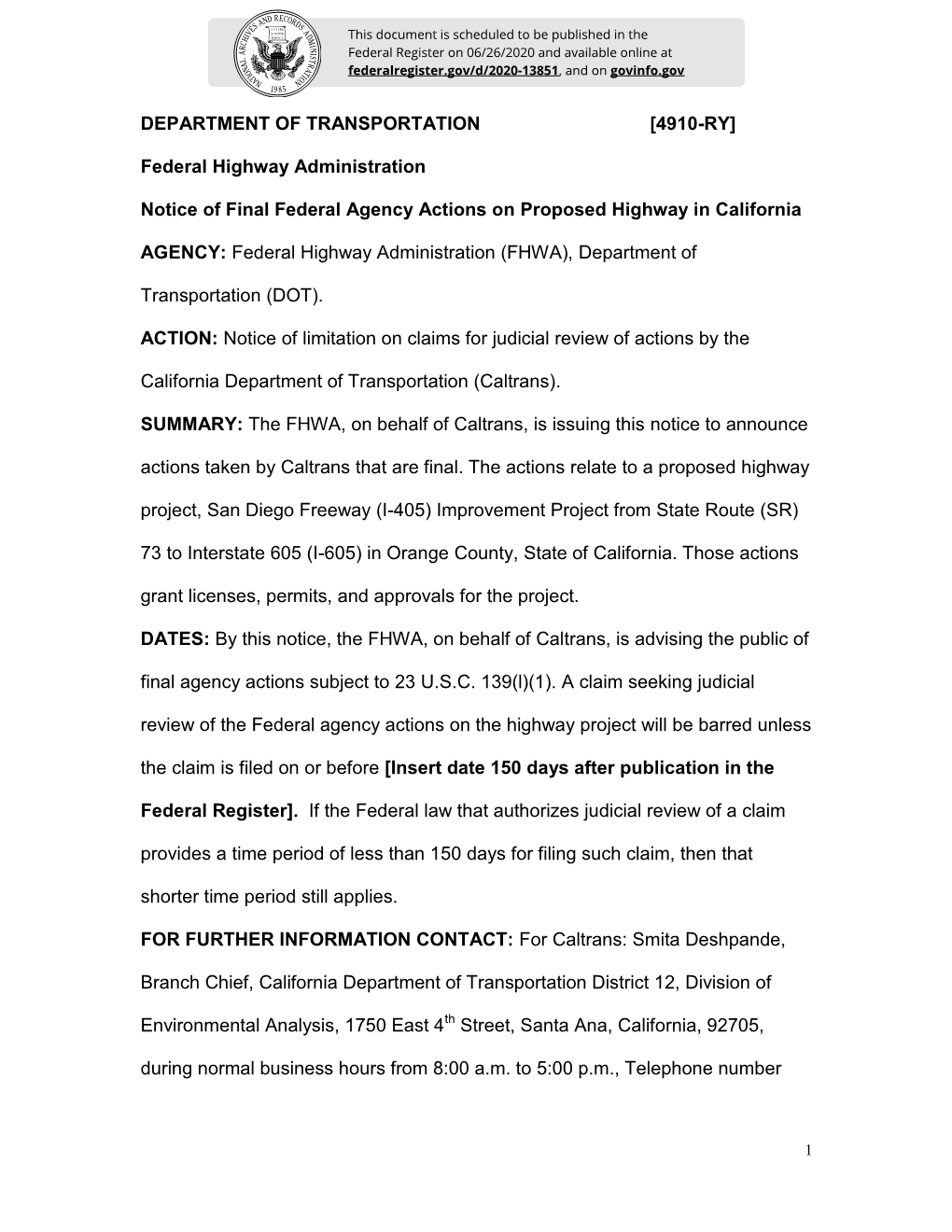 [4910-RY] Federal Highway Administration Notice of Final