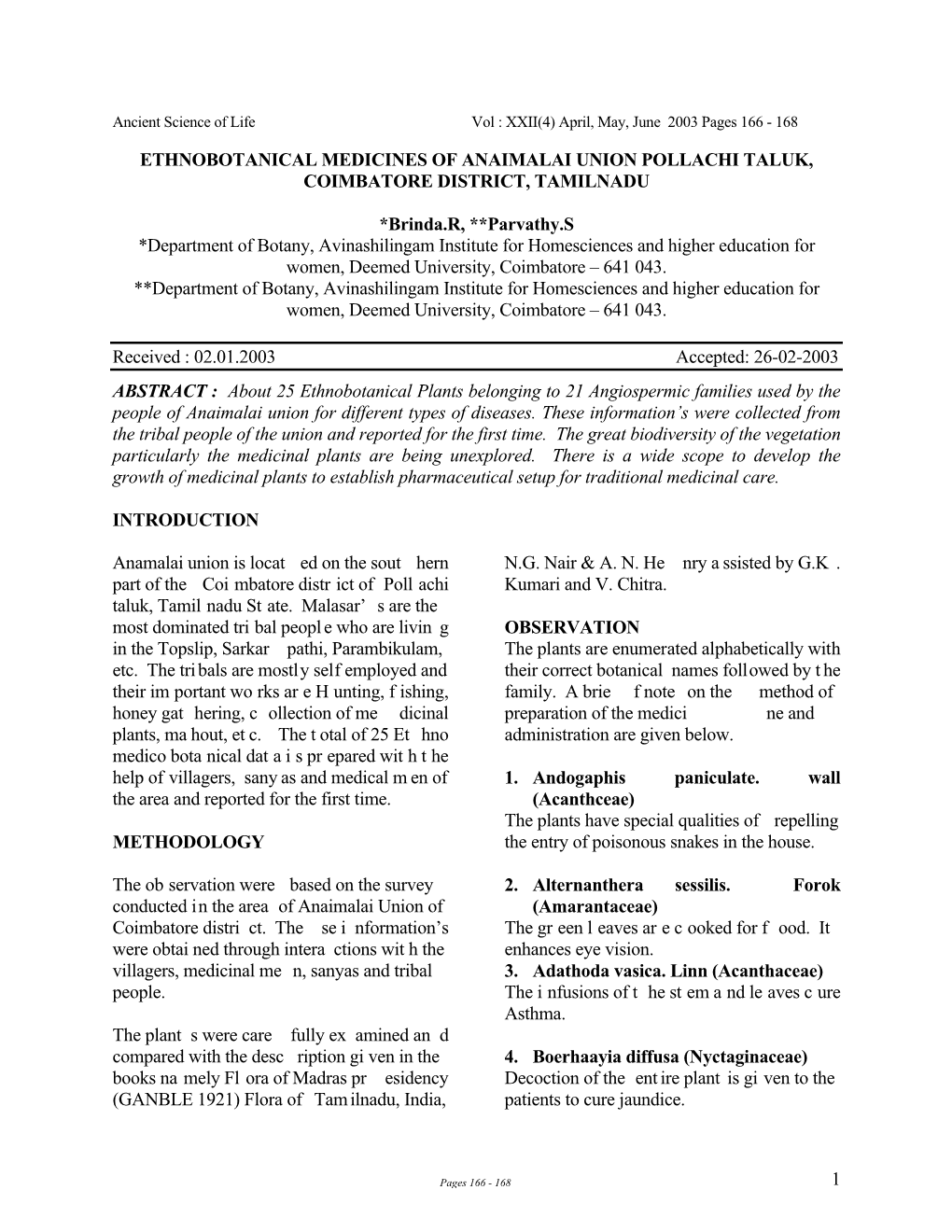 1 Ethnobotanical Medicines of Anaimalai Union