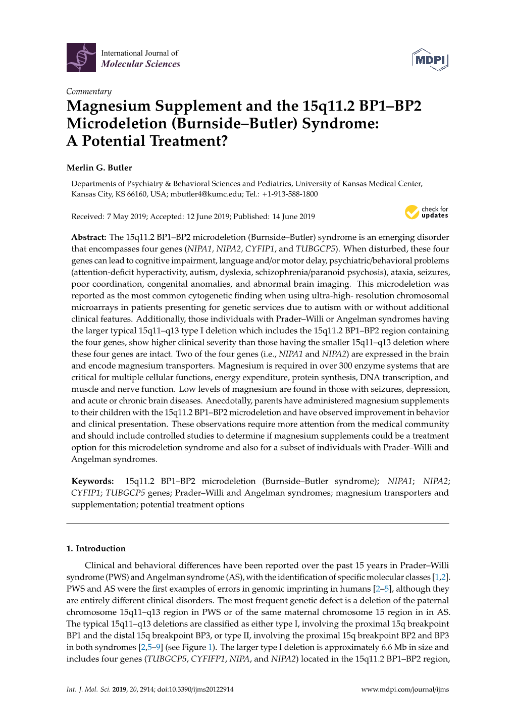 Magnesium Supplement and the 15Q11.2 BP1–BP2 Microdeletion (Burnside–Butler) Syndrome: a Potential Treatment?